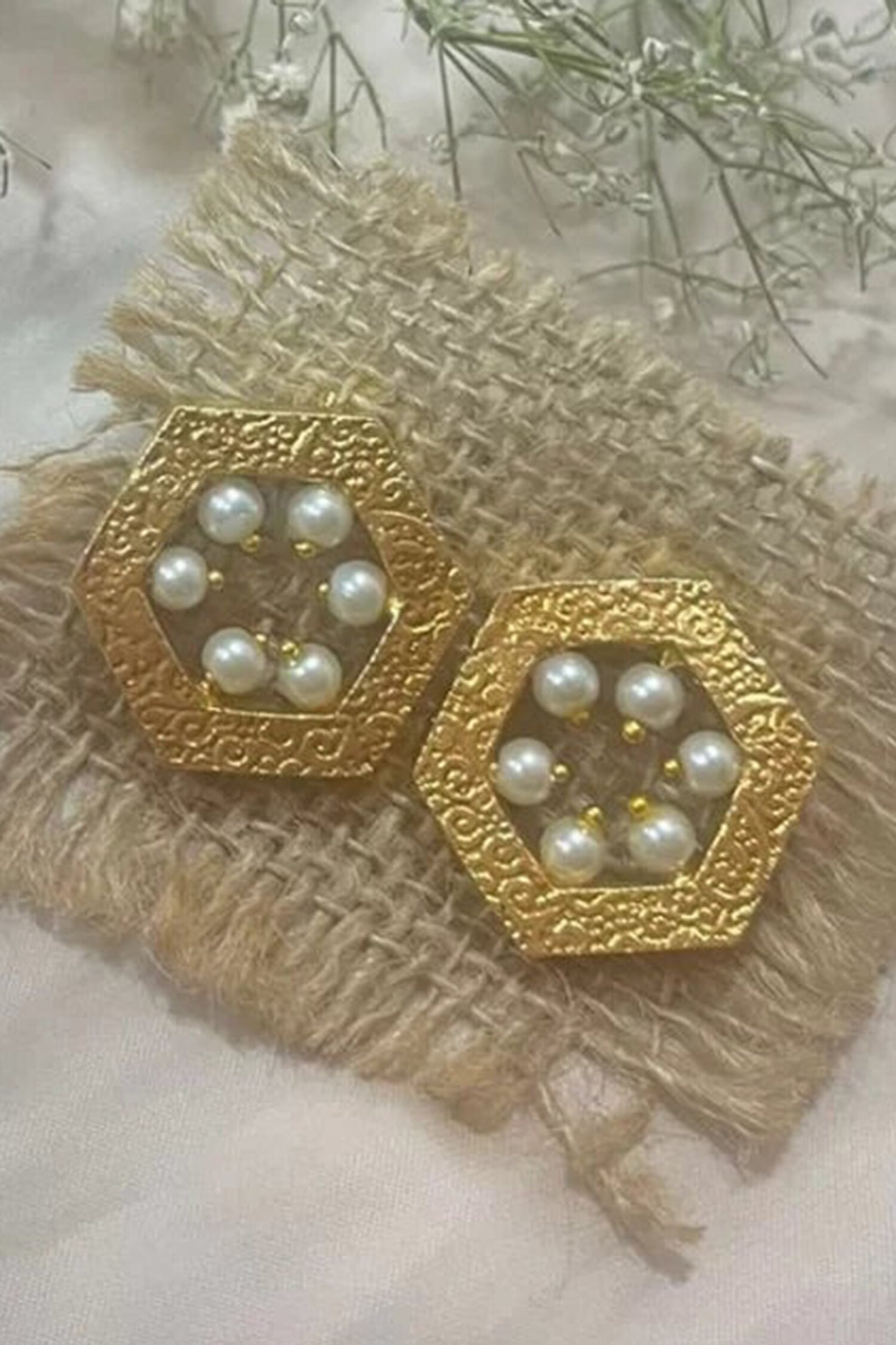 Hexagon Shaped Pearl Studs