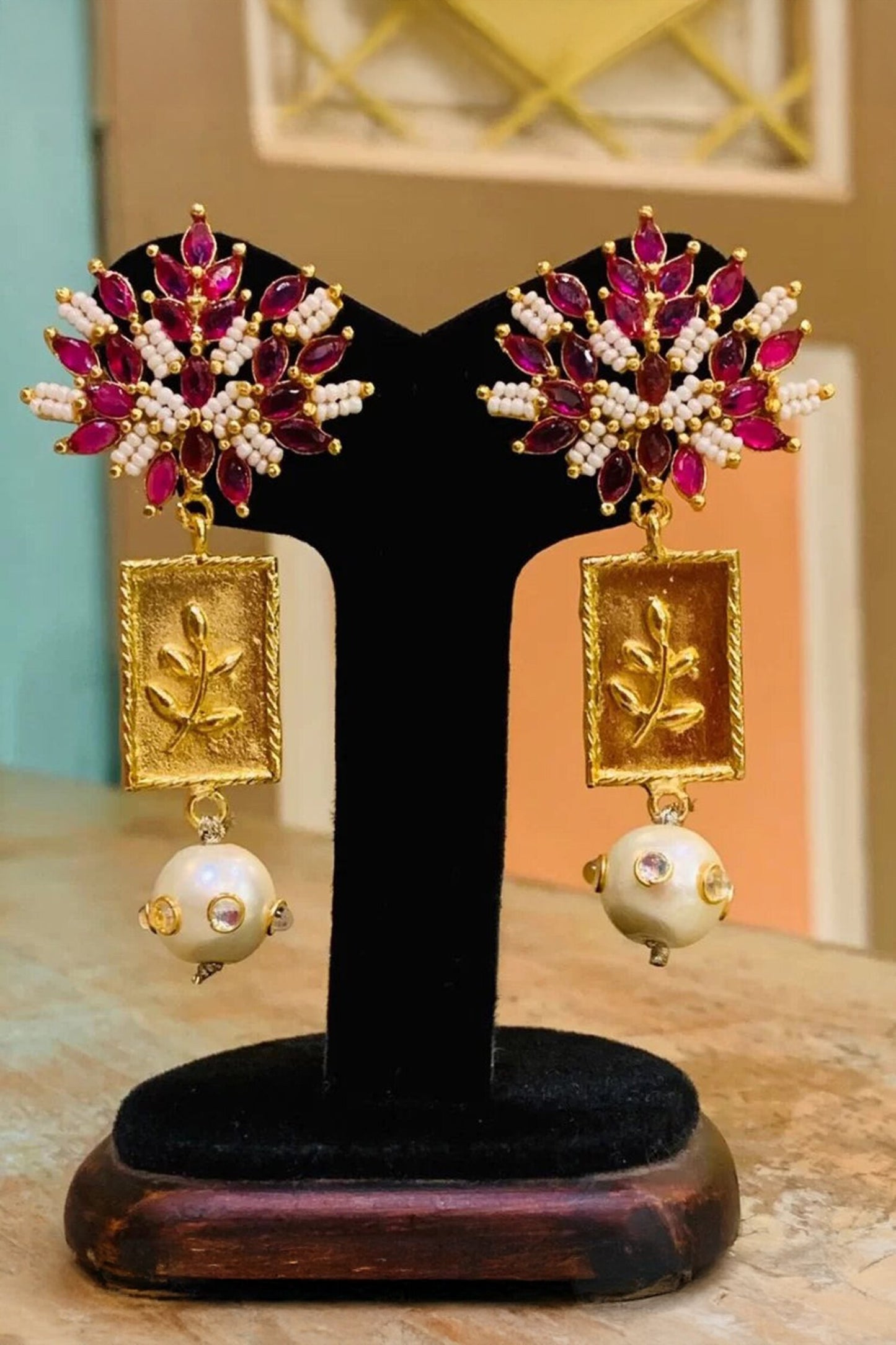 Ruby Stone & Pearl Drop Earrings