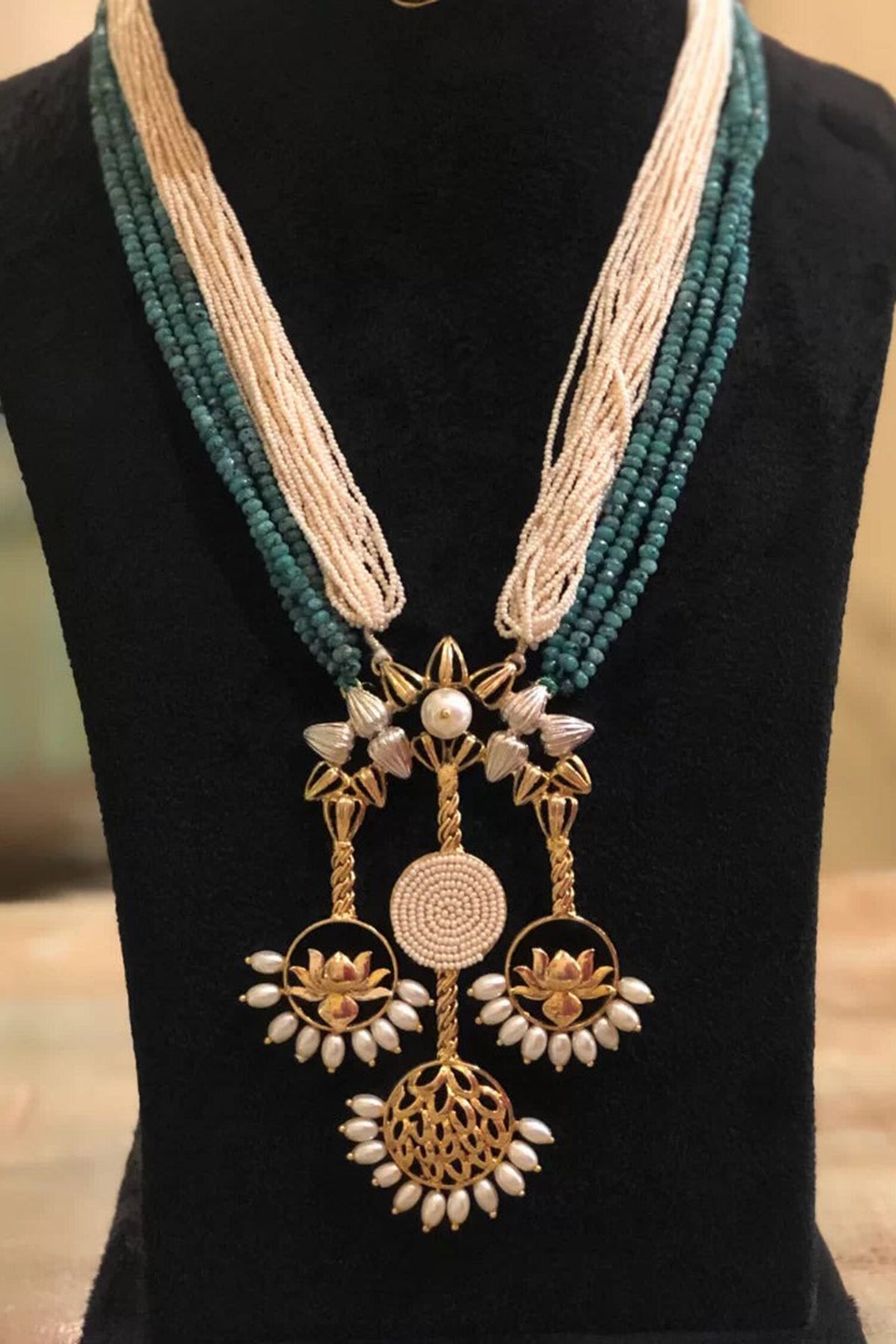 Gold Pearl Lotus Ring Trio Necklace
