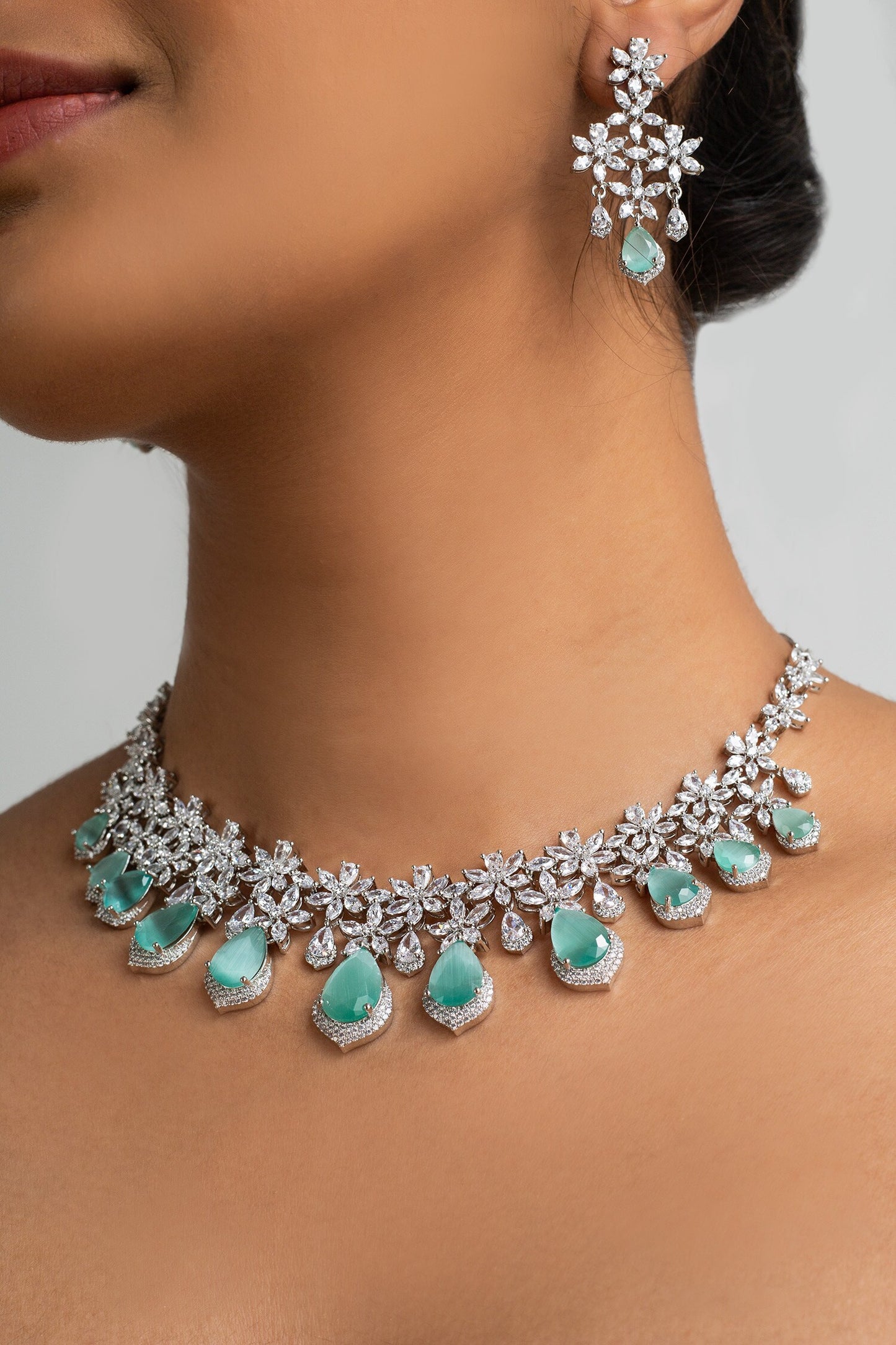 Mint Green Stone Embellished Necklace Set