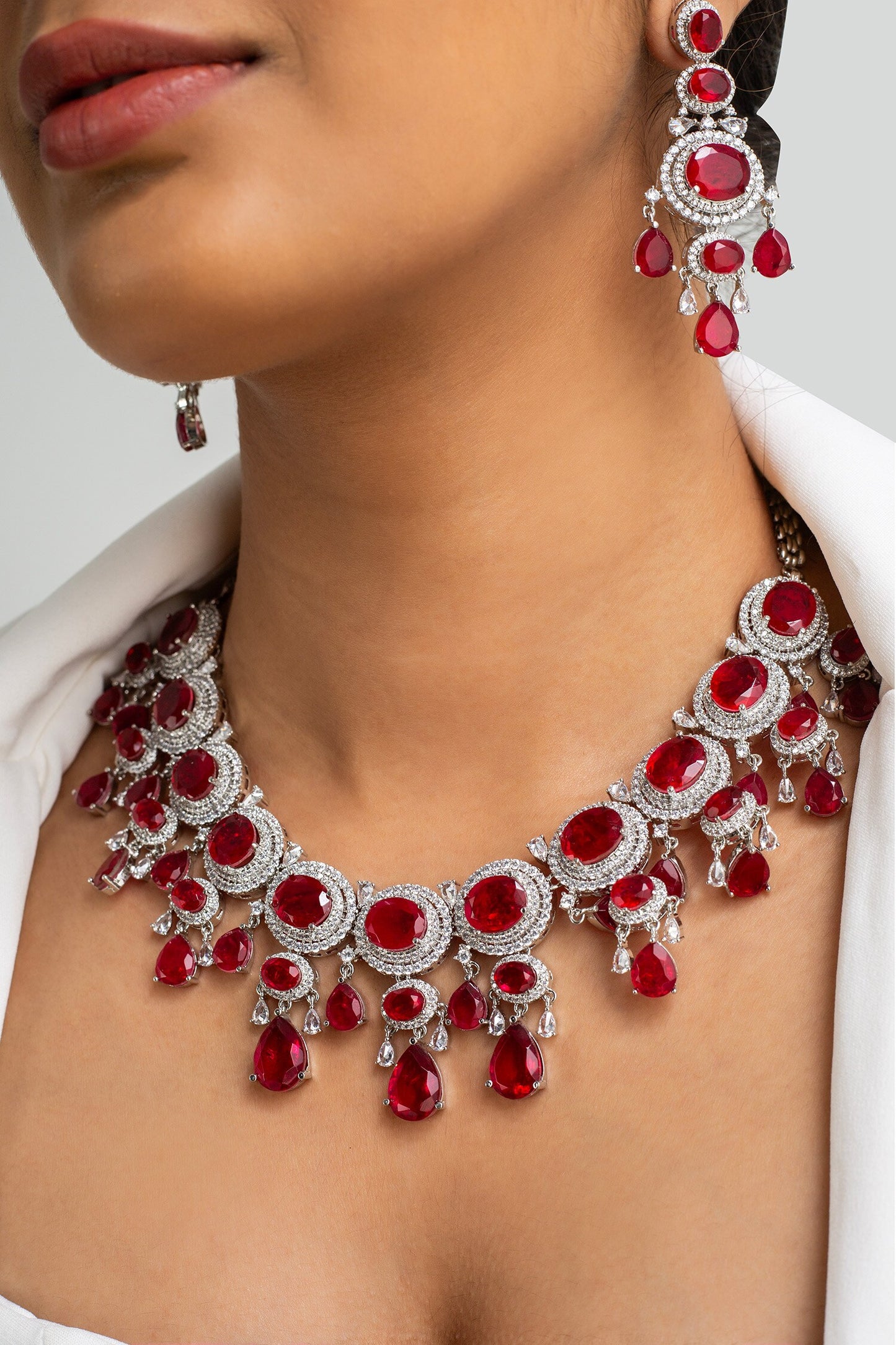 Red Stone Drop Necklace & Earring Set