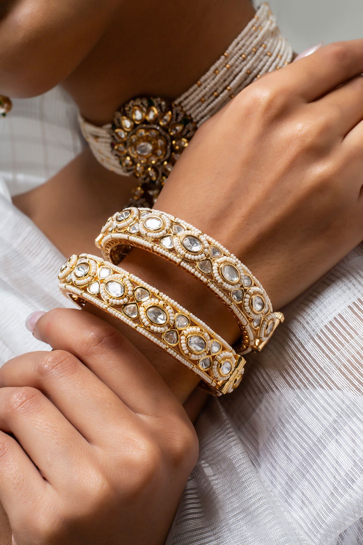 Gold Pearl Stone Embellished Bangle