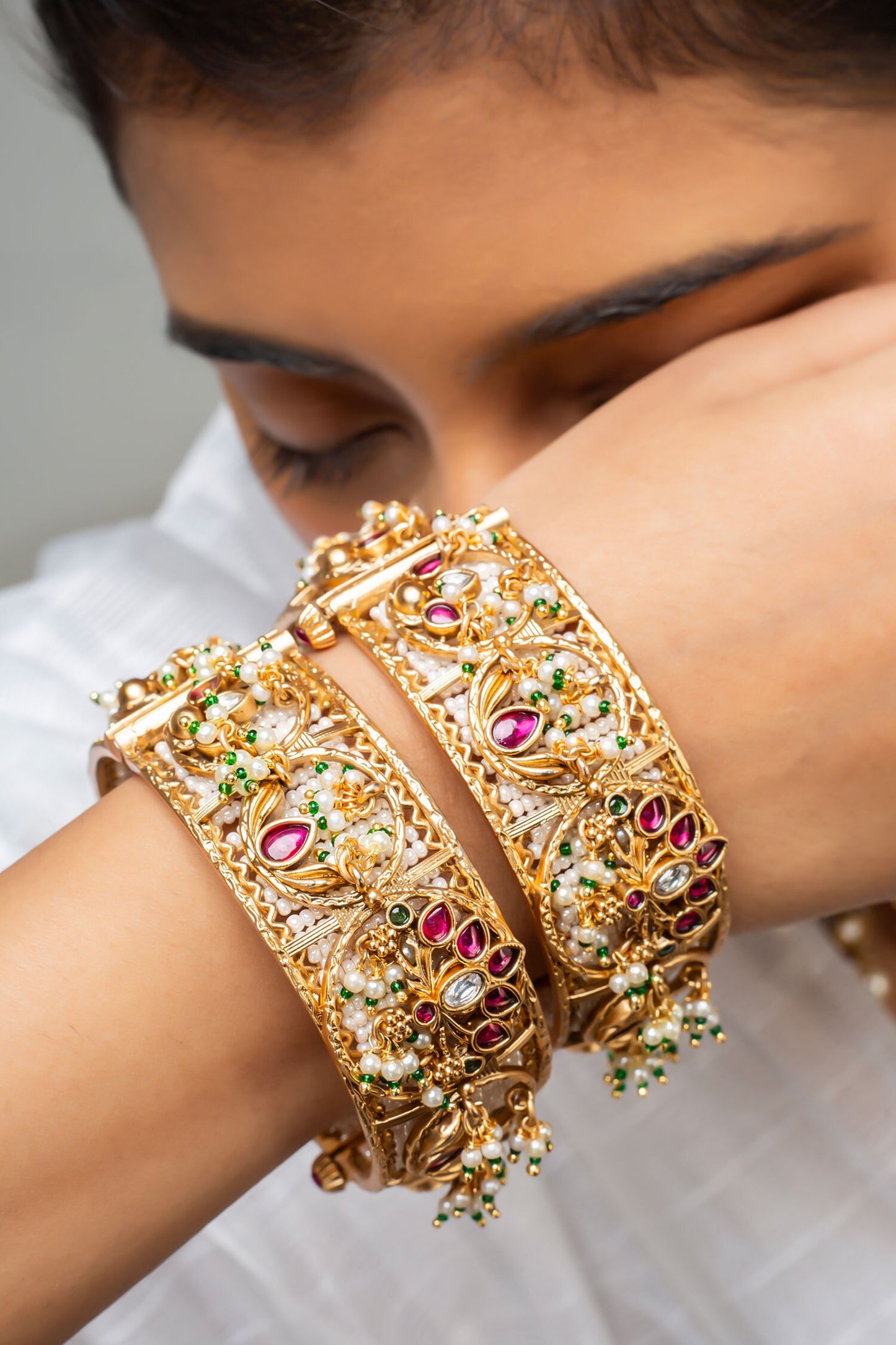 Gold Stone & Pearl Embellished Bangle