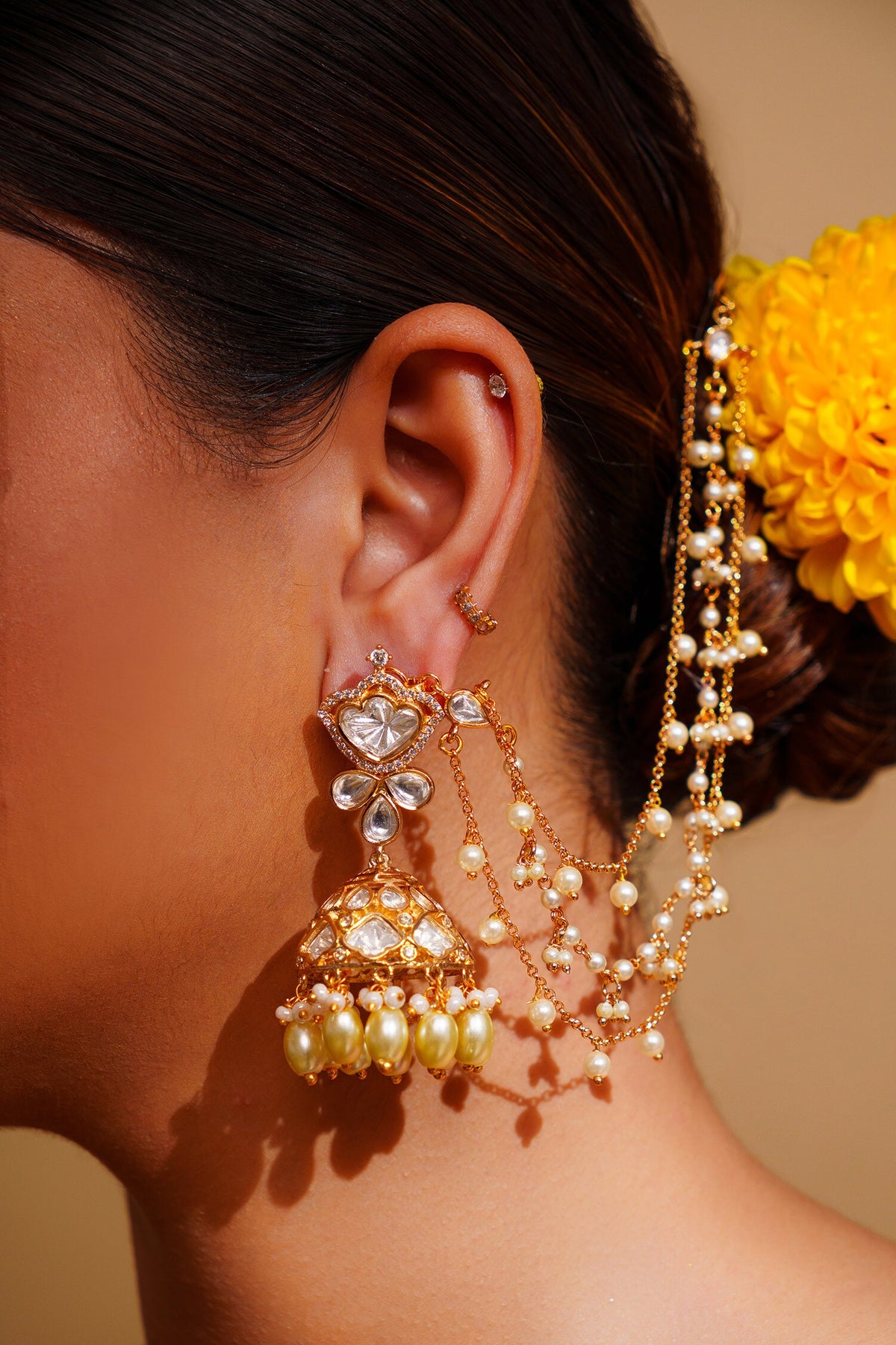 Kundan Polki Gold Finish Earchains