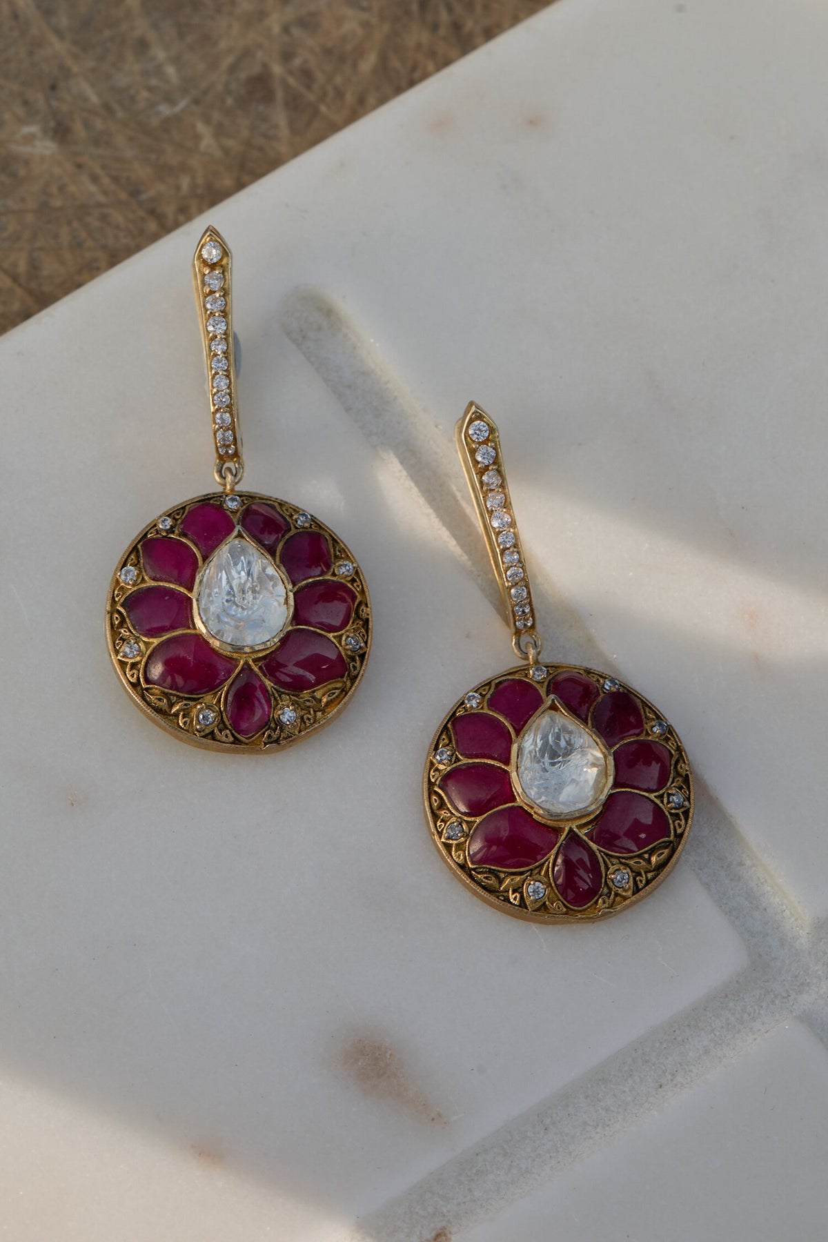 Red & Gold Polki Round Motif Earrings