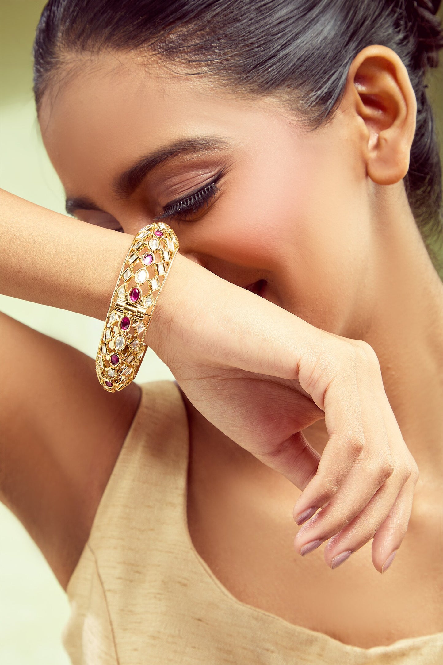 Red Gold & White Stone Bangles Set