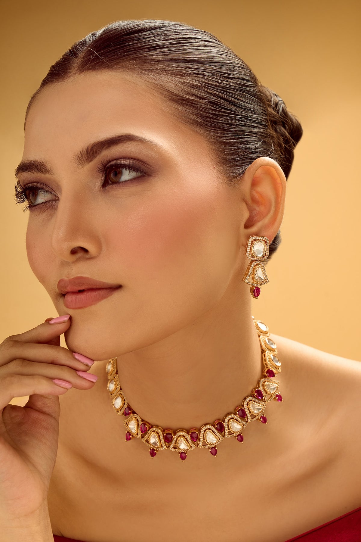 Ruby Stone Embellished Necklace Set