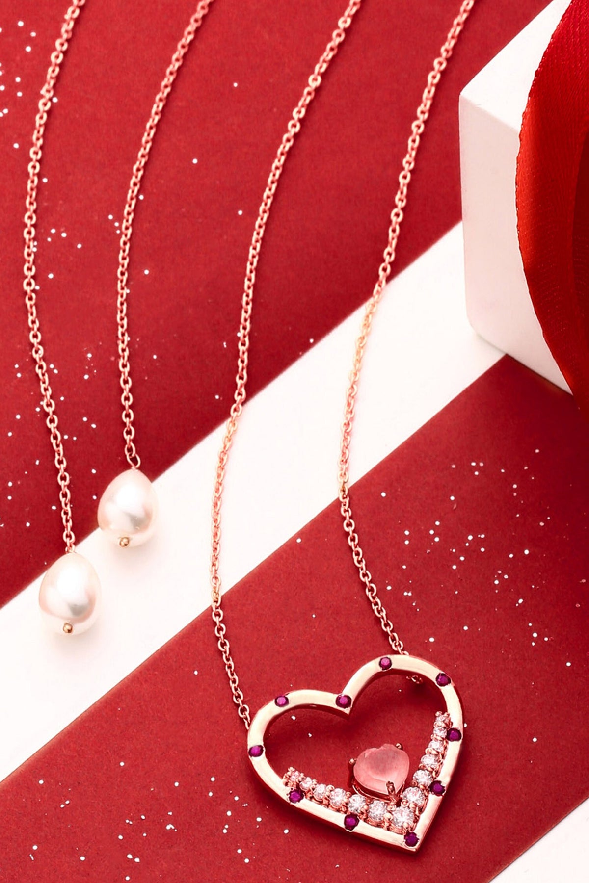Garnet & Pink Chalcedony Heart Pendant Necklace