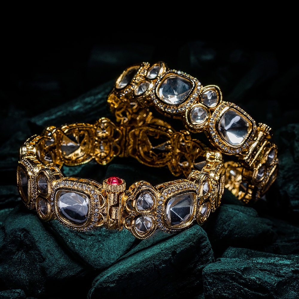 Gold Kundan Polki Adjustable Bangles