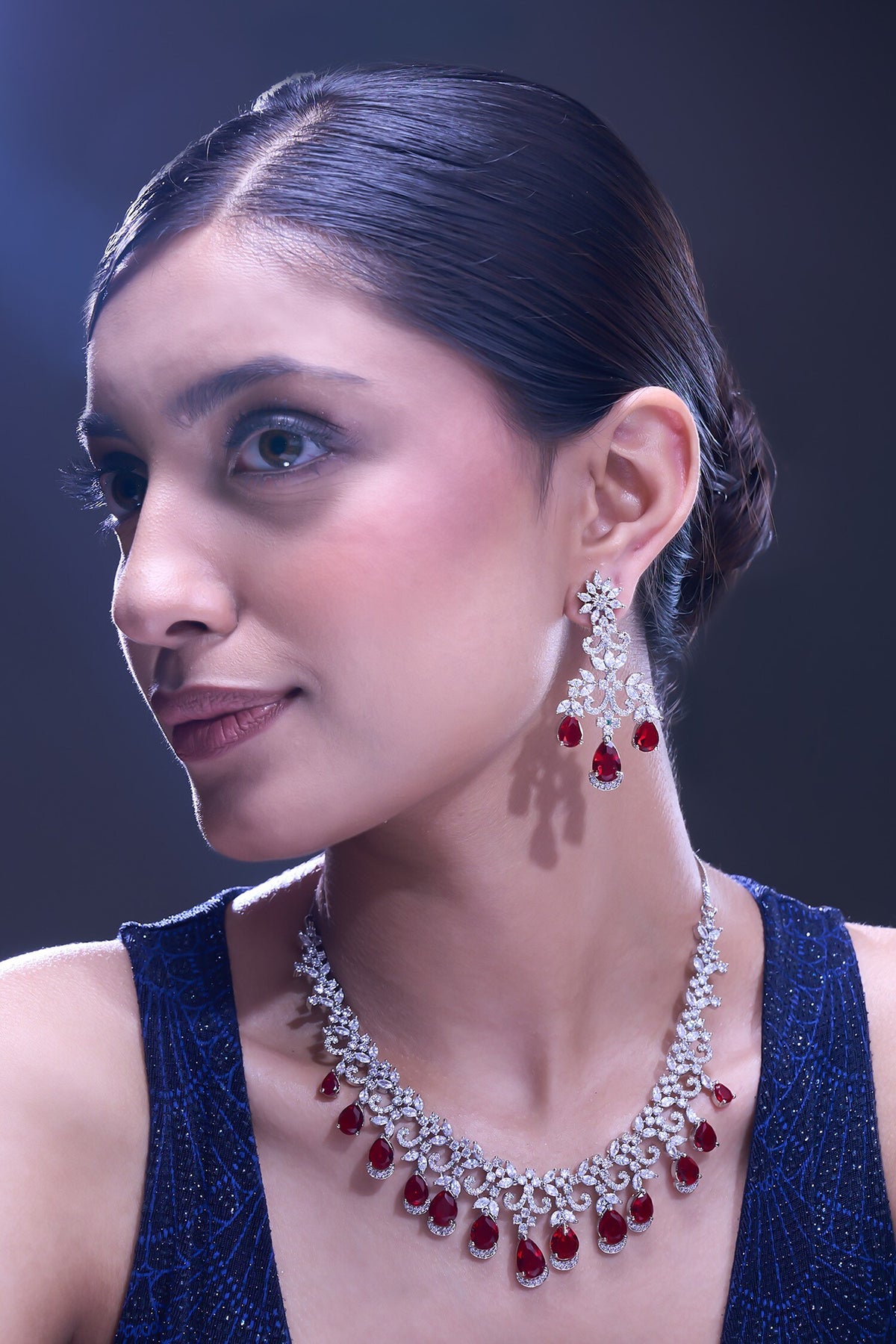 Ruby American Diamond Necklace & Earring Set