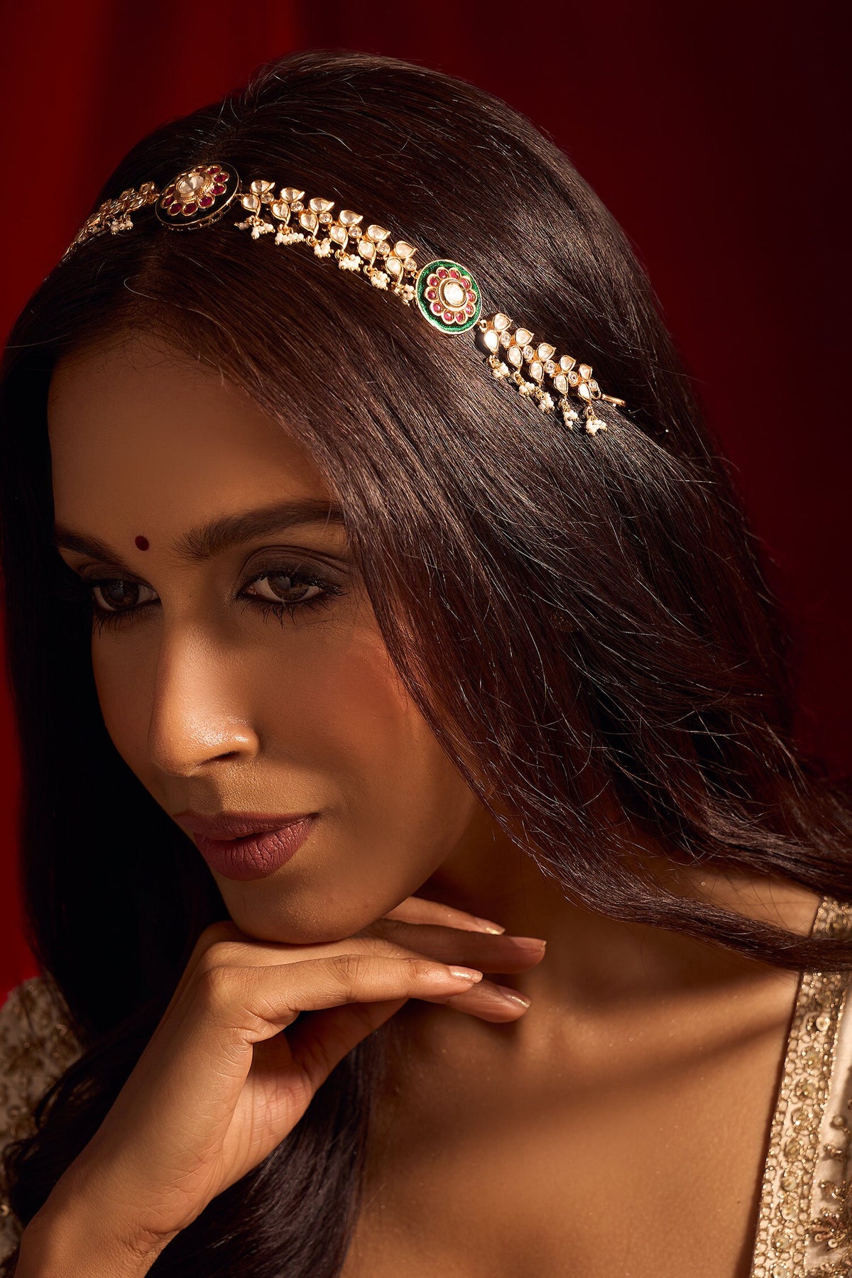 Kundan Work Ruby Pink & Green Mathapatti