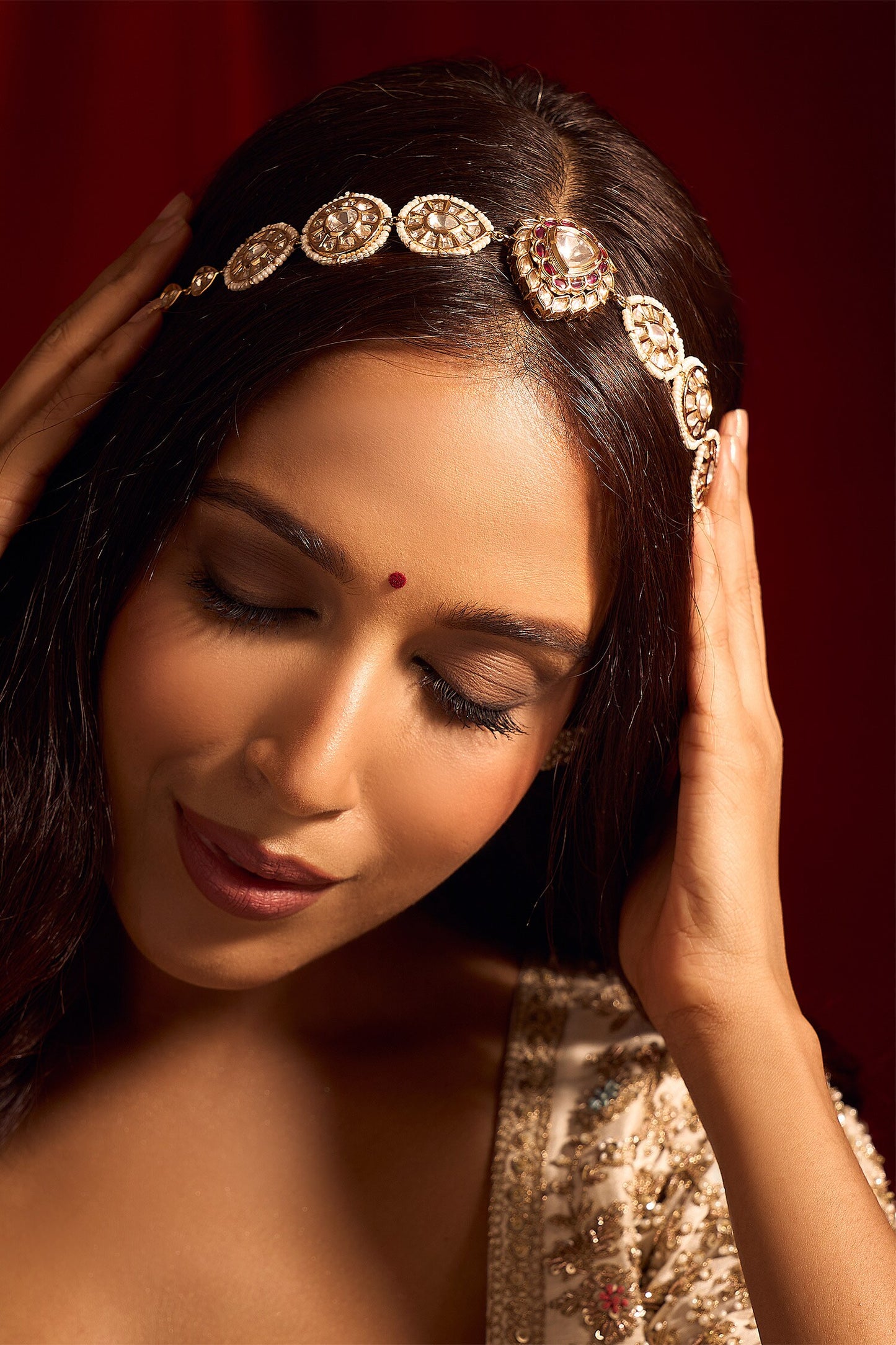 Kundan Ruby Pink Brass Mathapatti