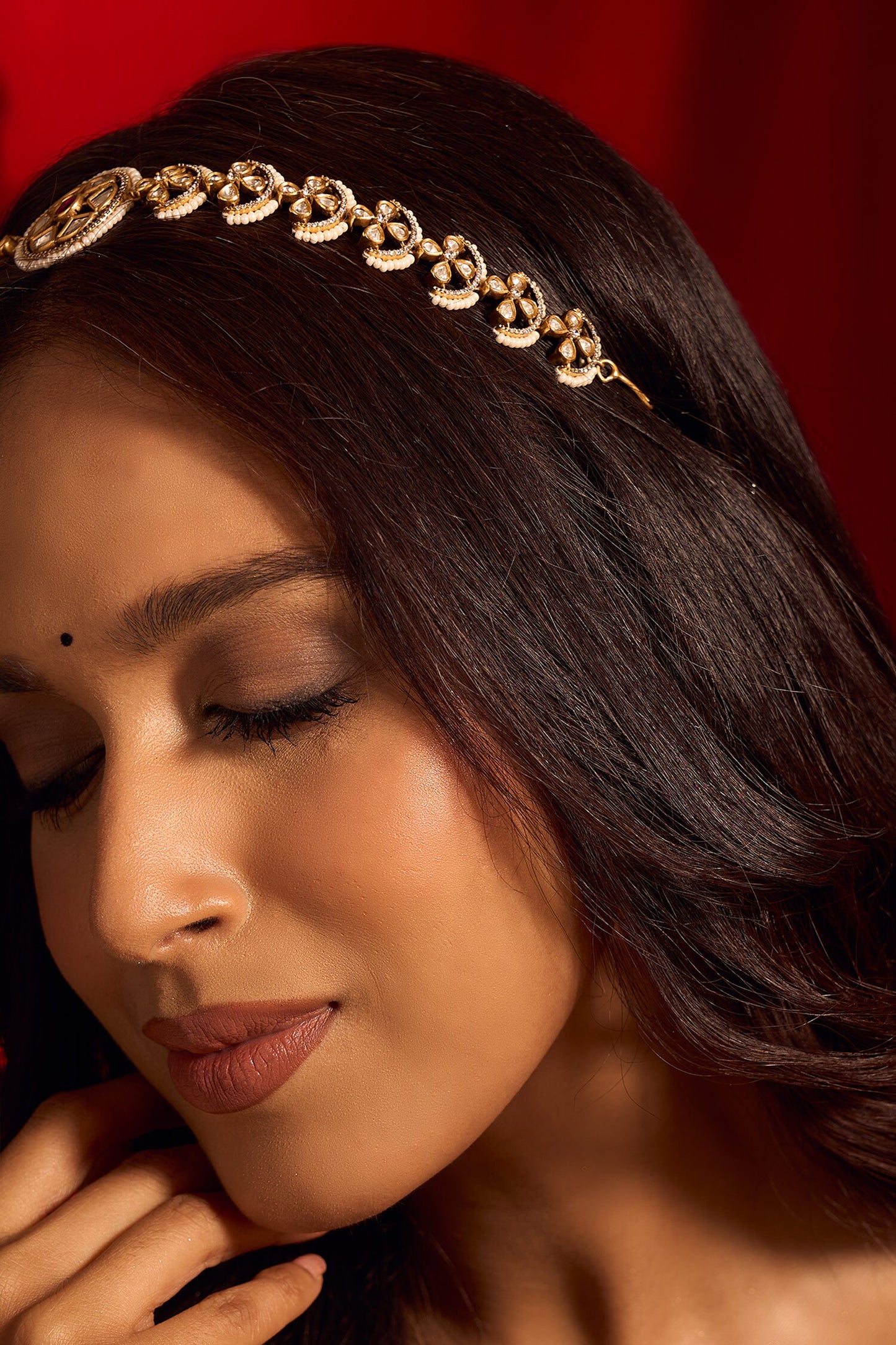 Kundan Ruby Pink Brass Mathapatti