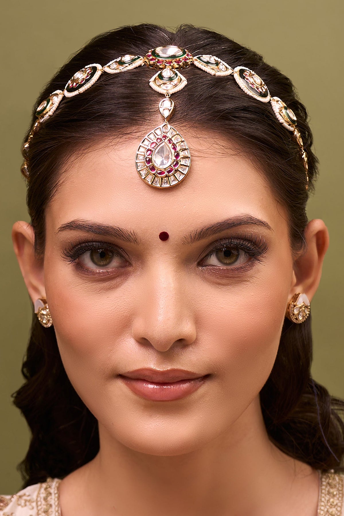 Kundan Design Ruby Pink & Green Mathapatti