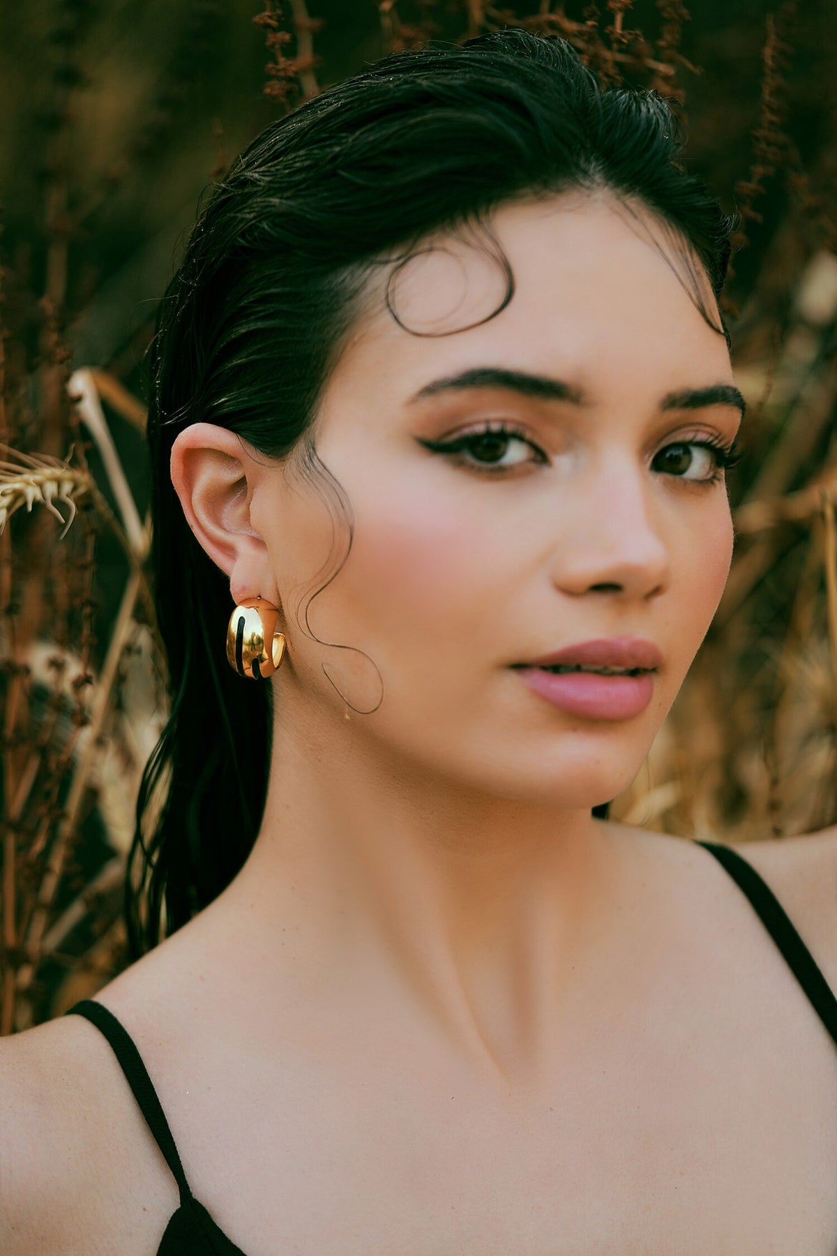 Luna Black Enamel Gold Hoops