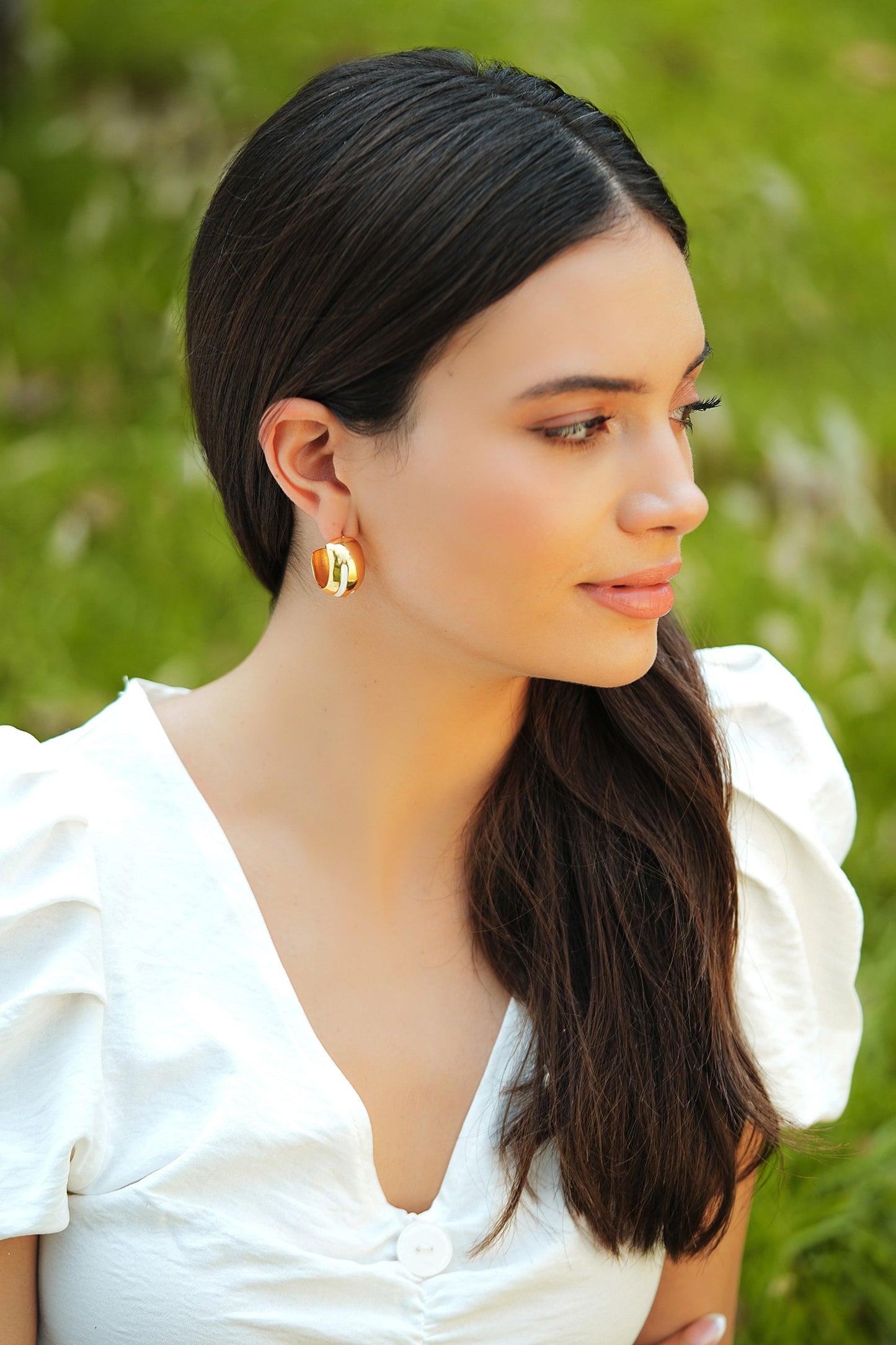 Luna White Enamel Gold Hoops