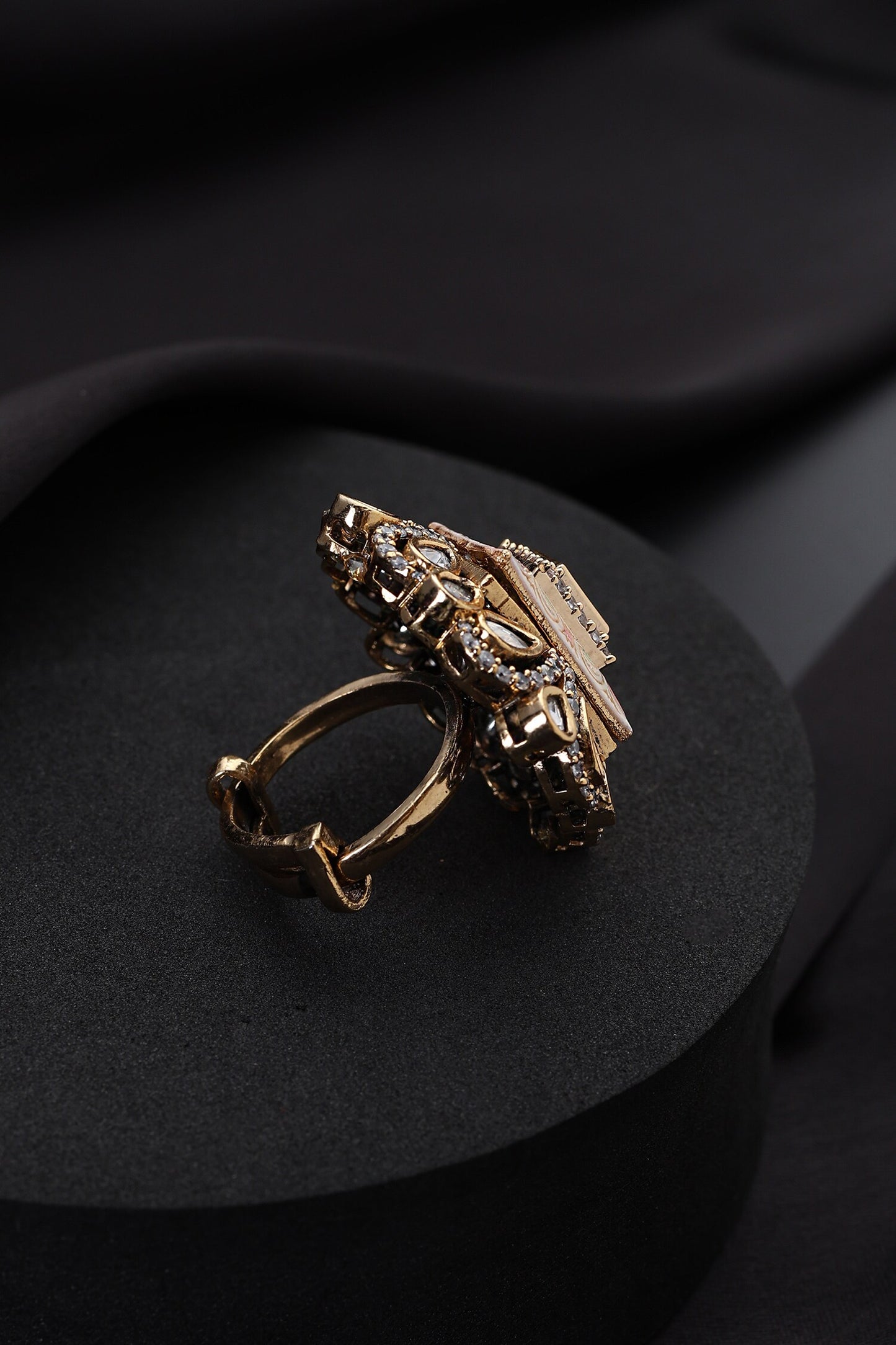 Pink Meena Polki Adjustable Ring