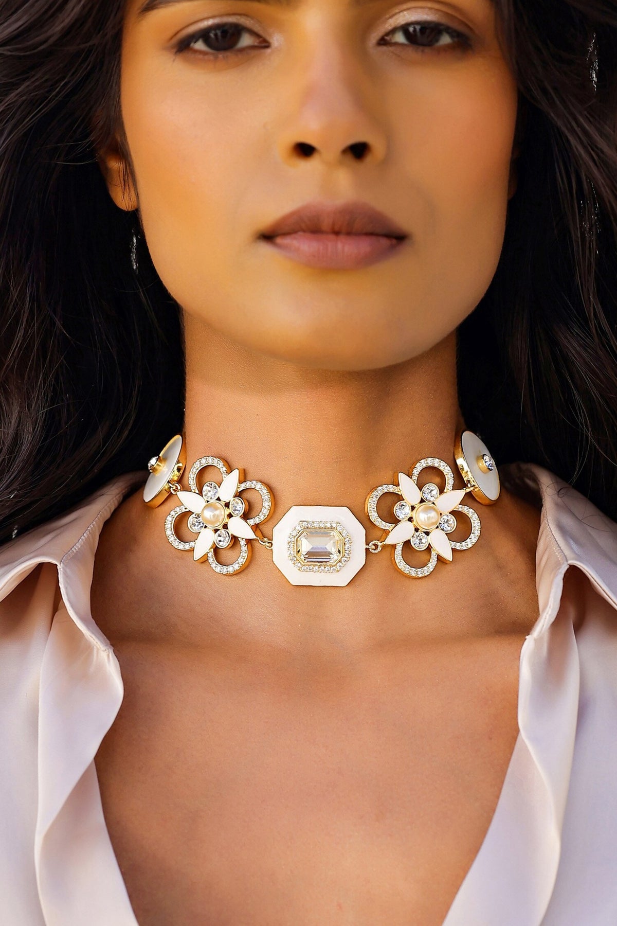 Iraa Rectangle Swarovski Crystal & Pearl Enamel Choker