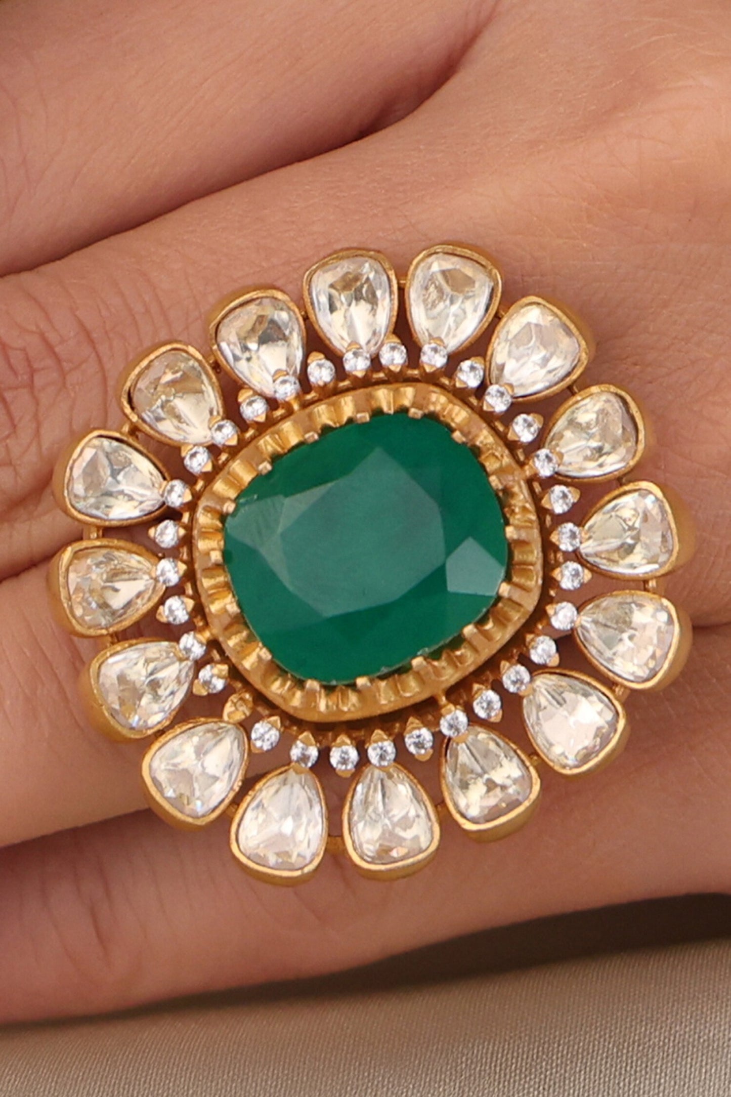Emerald Bloom Kundan Studded Ring
