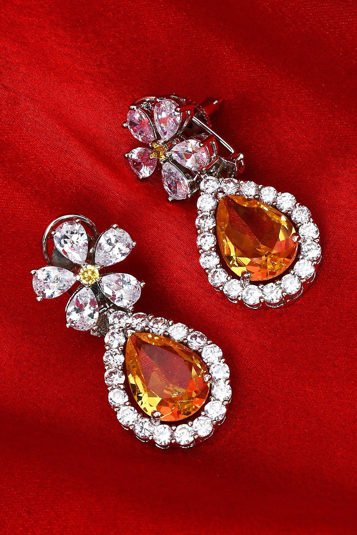 Floral & Teardrop Stone Drop Earrings