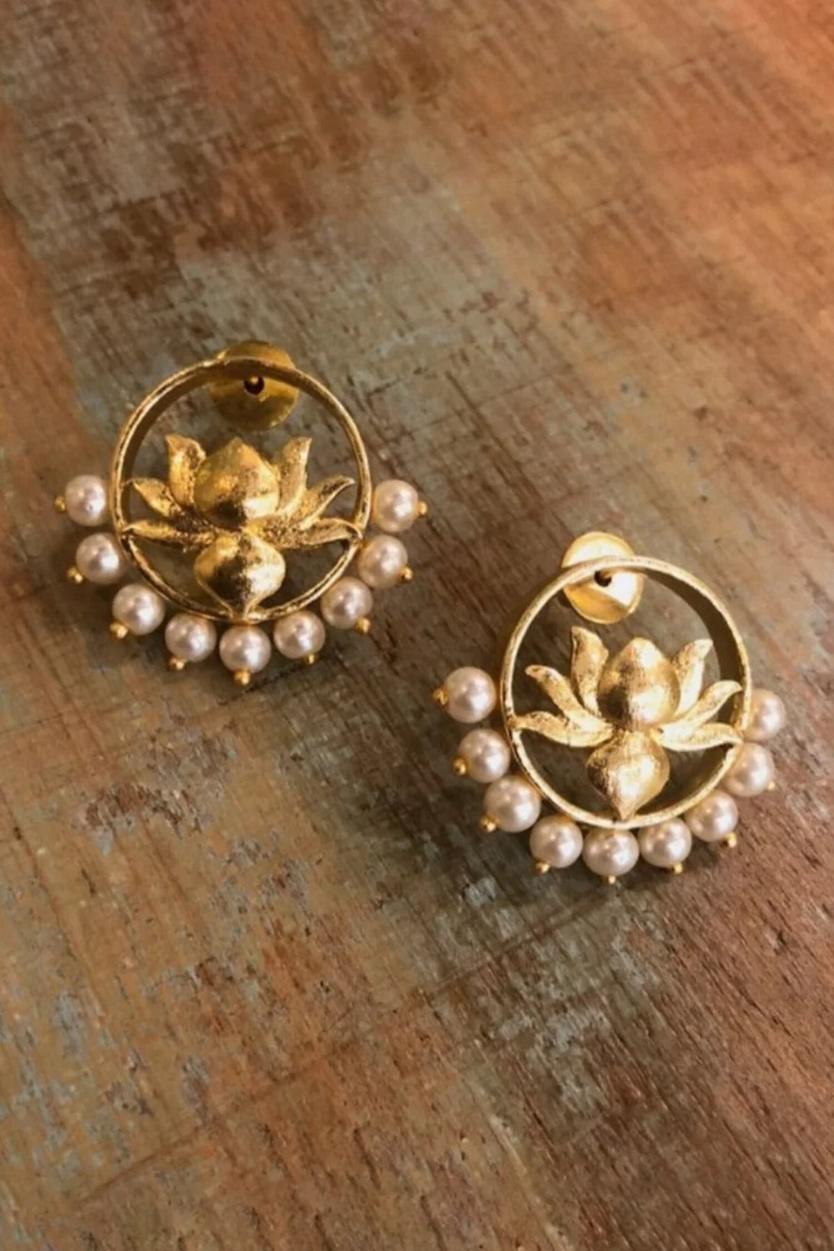 Lotus Motif Pearl Embellished Stud Earrings