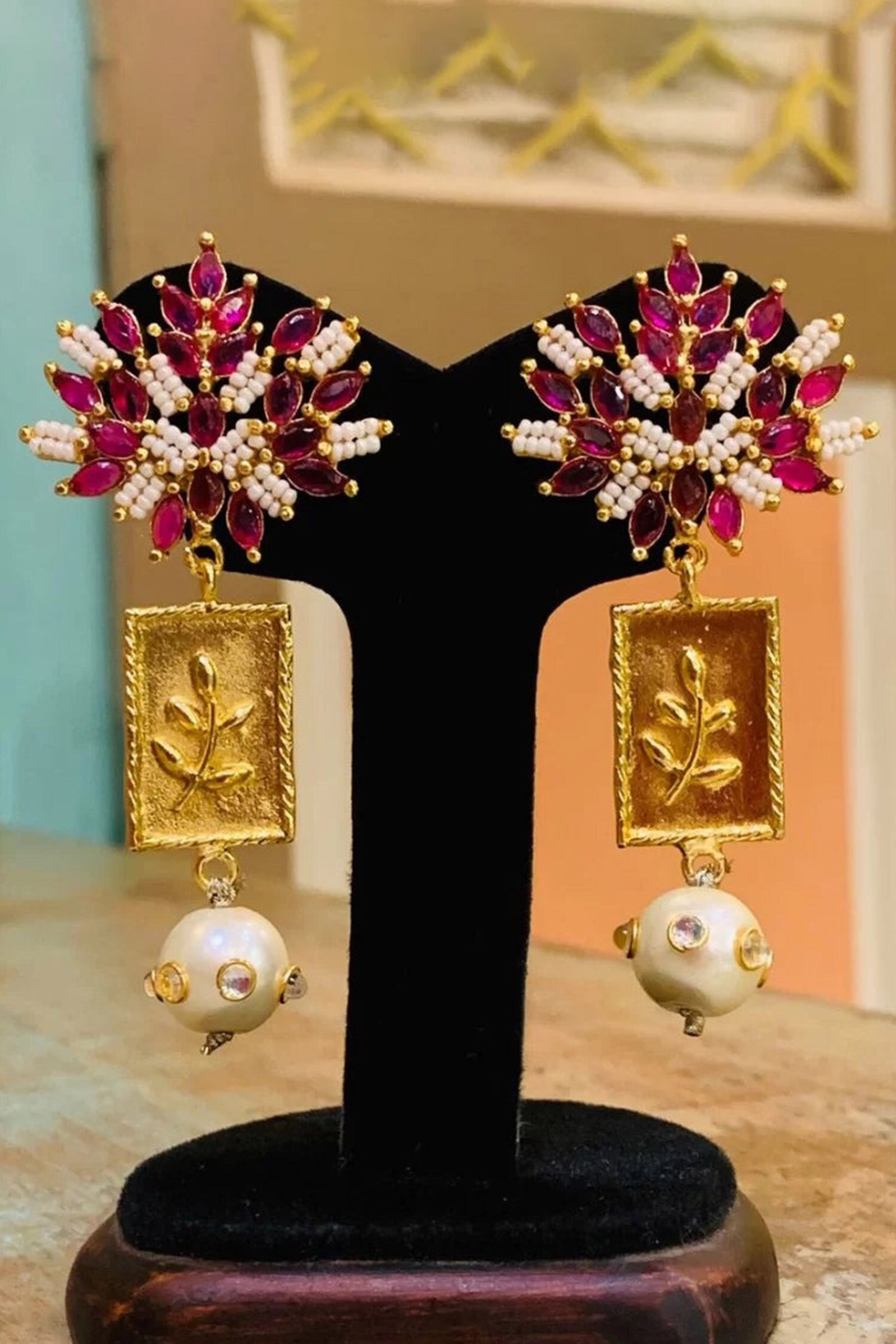 Ruby Leaf Stud Drop Earrings