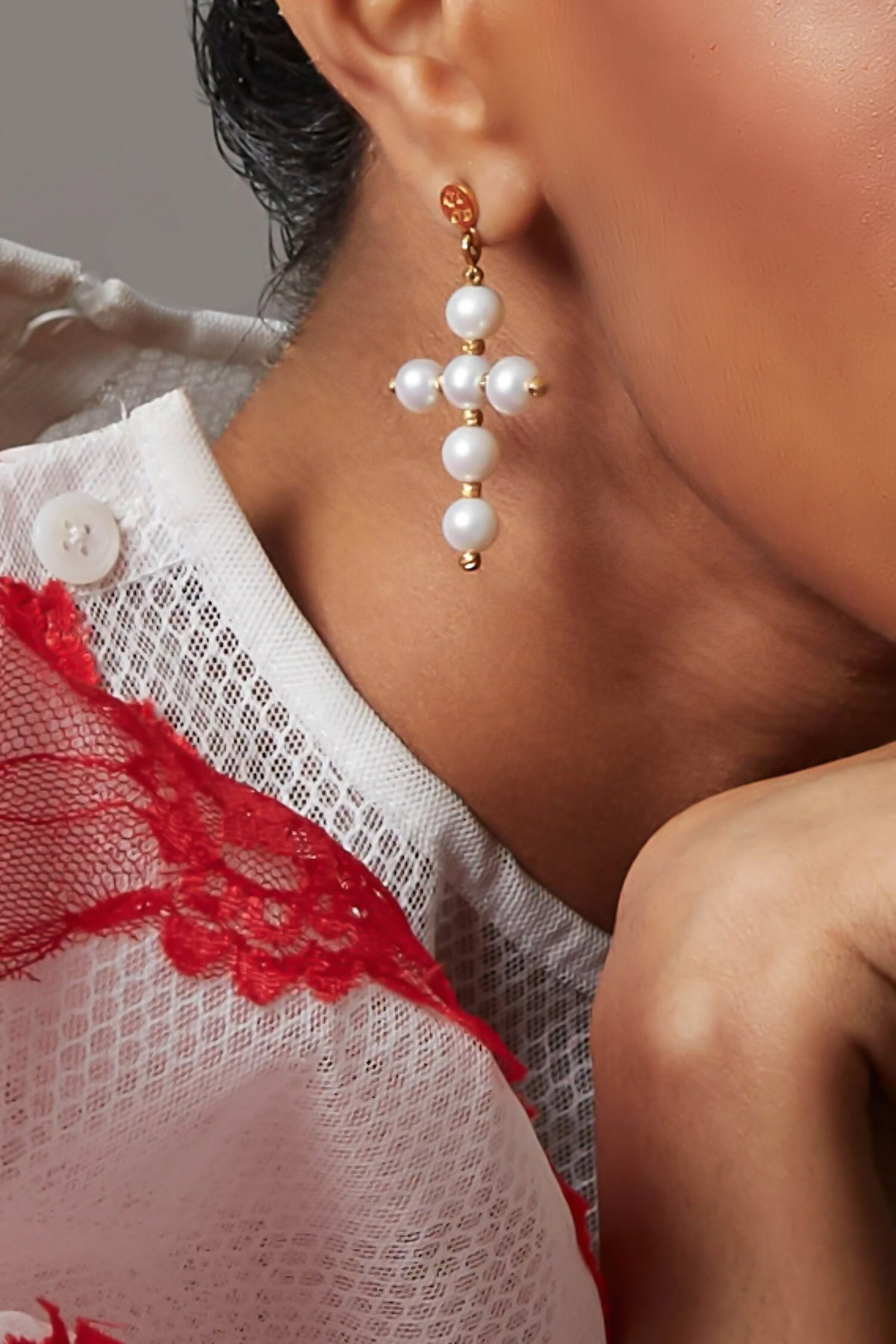 Mini Cross Pearl Earrings