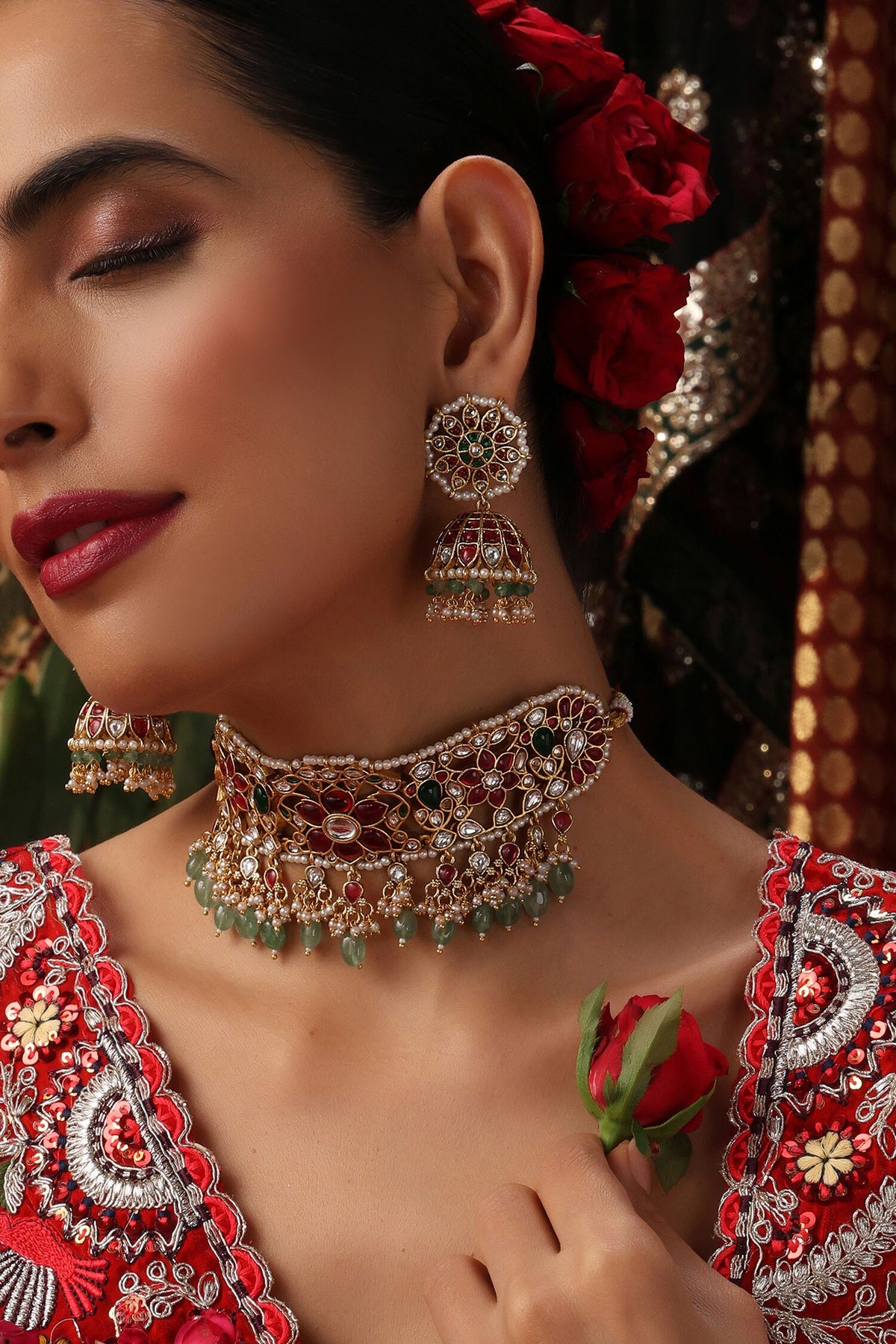 Multicolor Gold Plated Jadau Choker Set