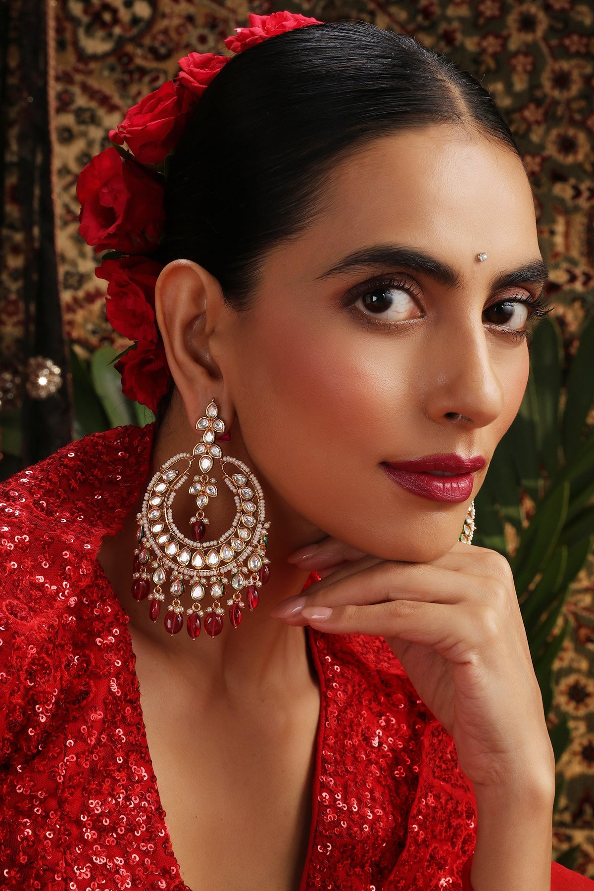 Kundan & Ruby Drop Chandbali Earrings