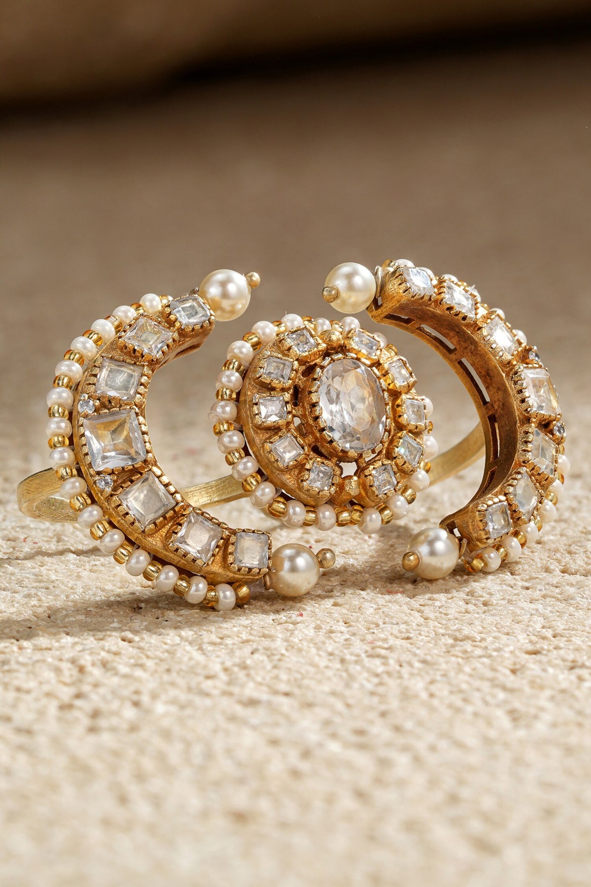 Crescent Studded Double Finger Ring