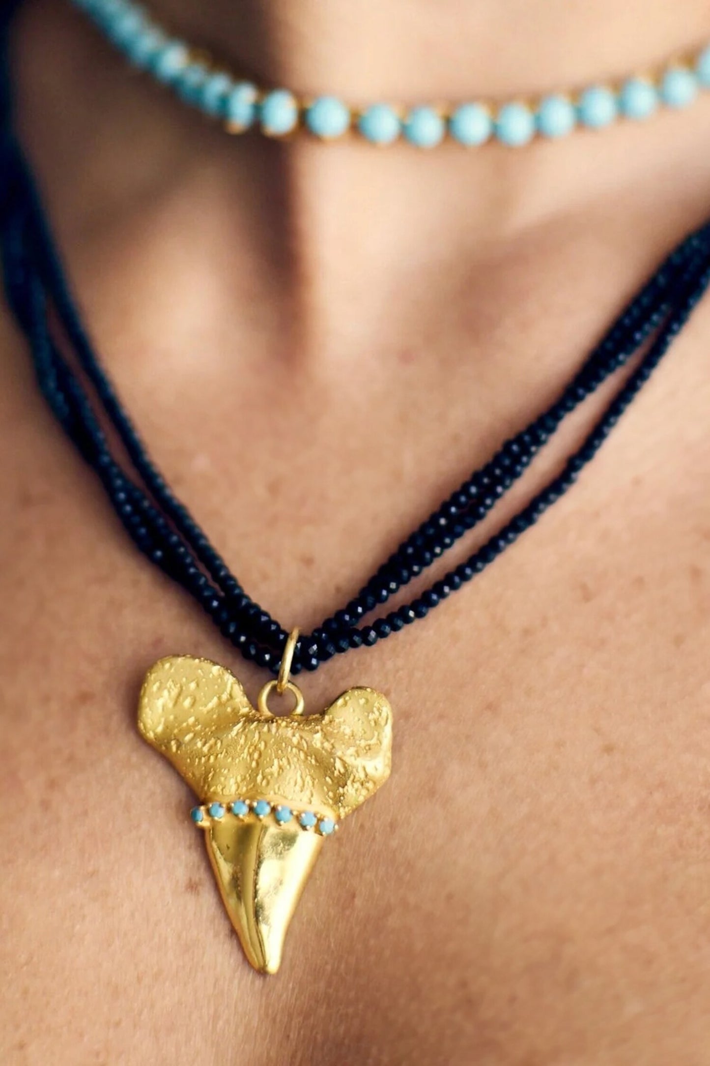 Shark Fang Pendant Beaded Chain Necklace