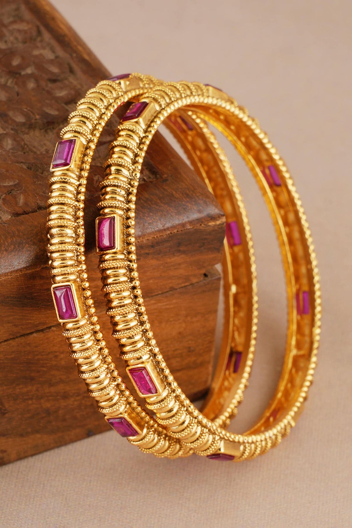 Antique Carved Ruby Studded Pair of Bangles