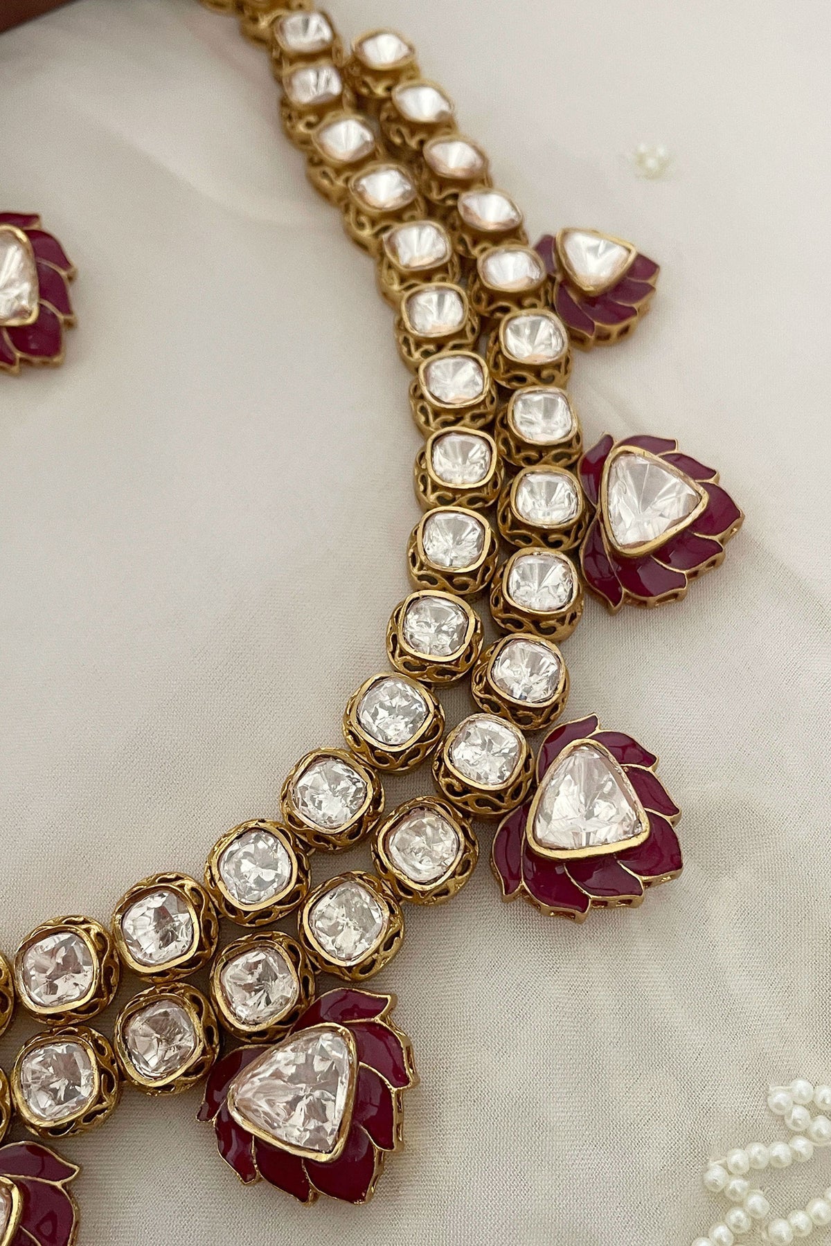 Floral Motif Red Enamelled Necklace Set