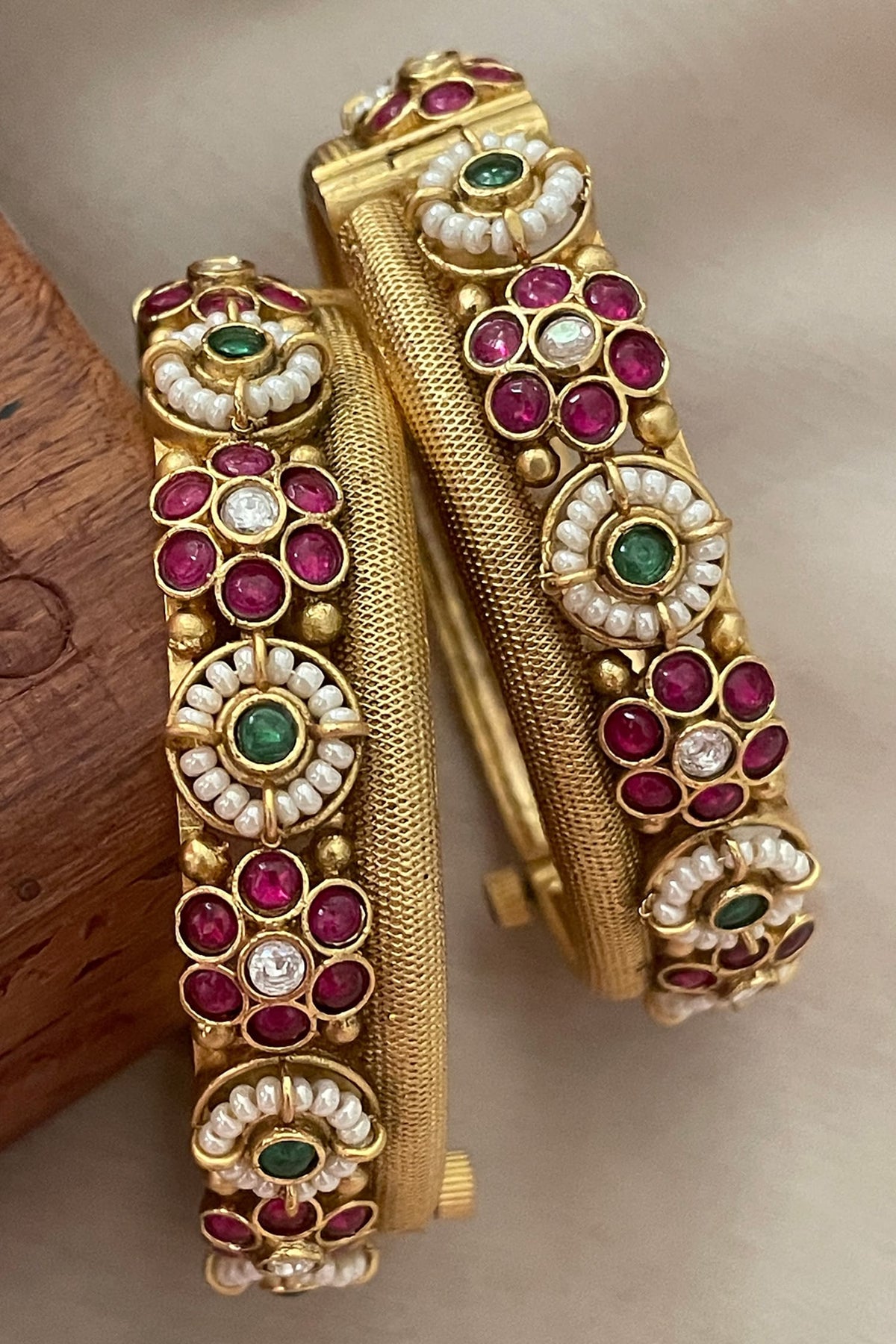 Temple & Pearl Embellished Pair of Bangles