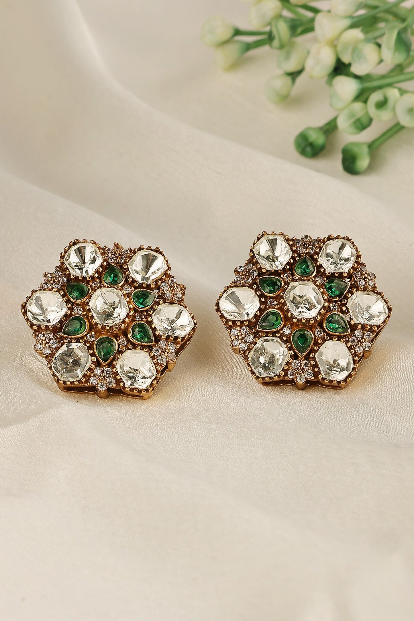 Uncut Polki & Emerald Teardrop Stud Earrings