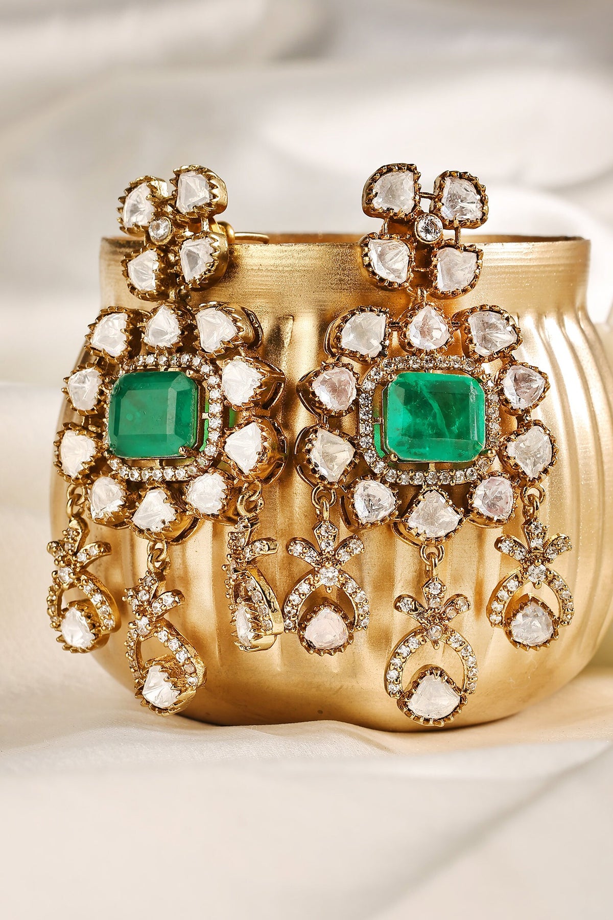 Chandbali Emerald Polki Zircon Danglers