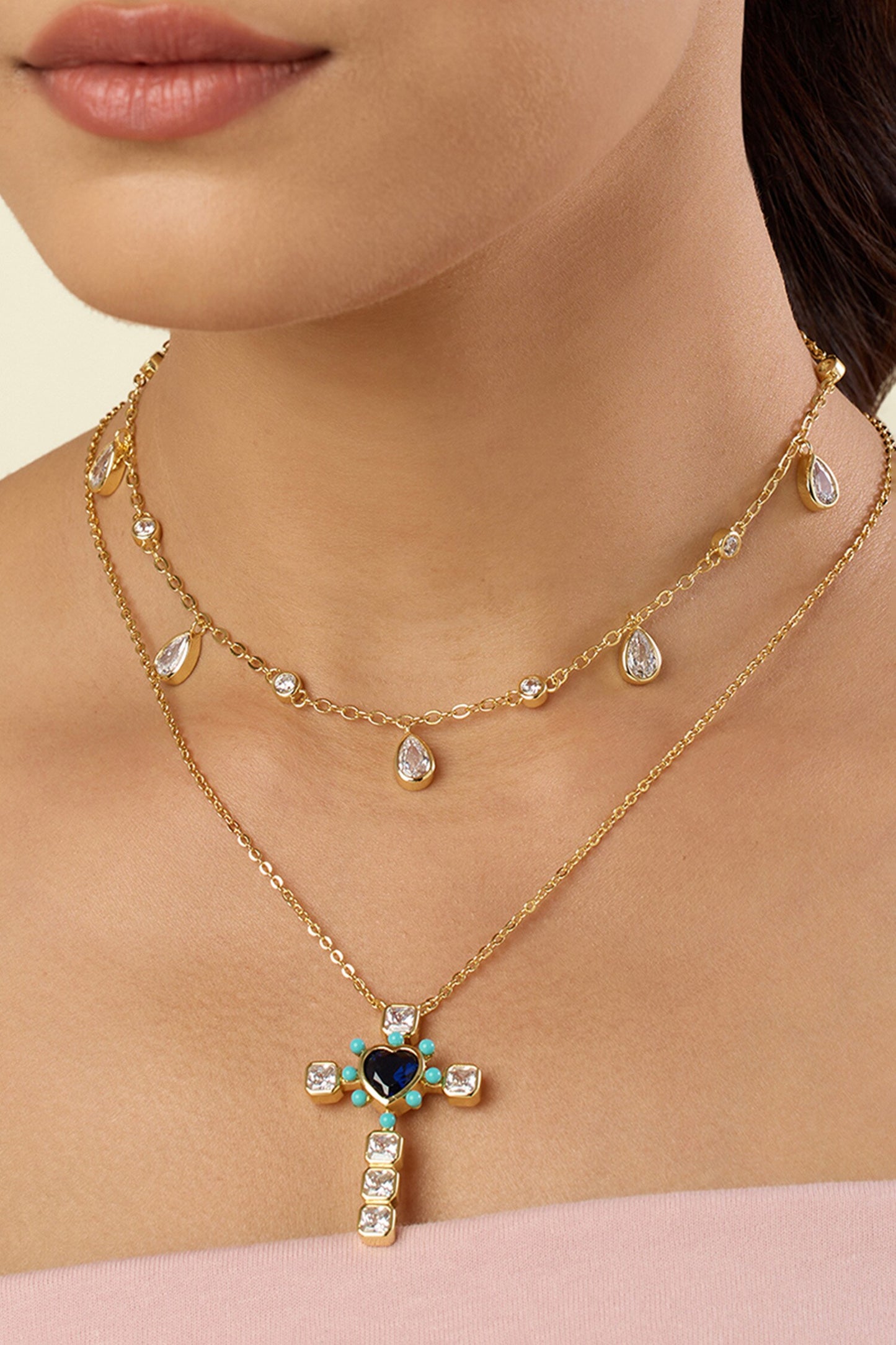 Gold Plated Cross Layers Necklace - 2 Pcs