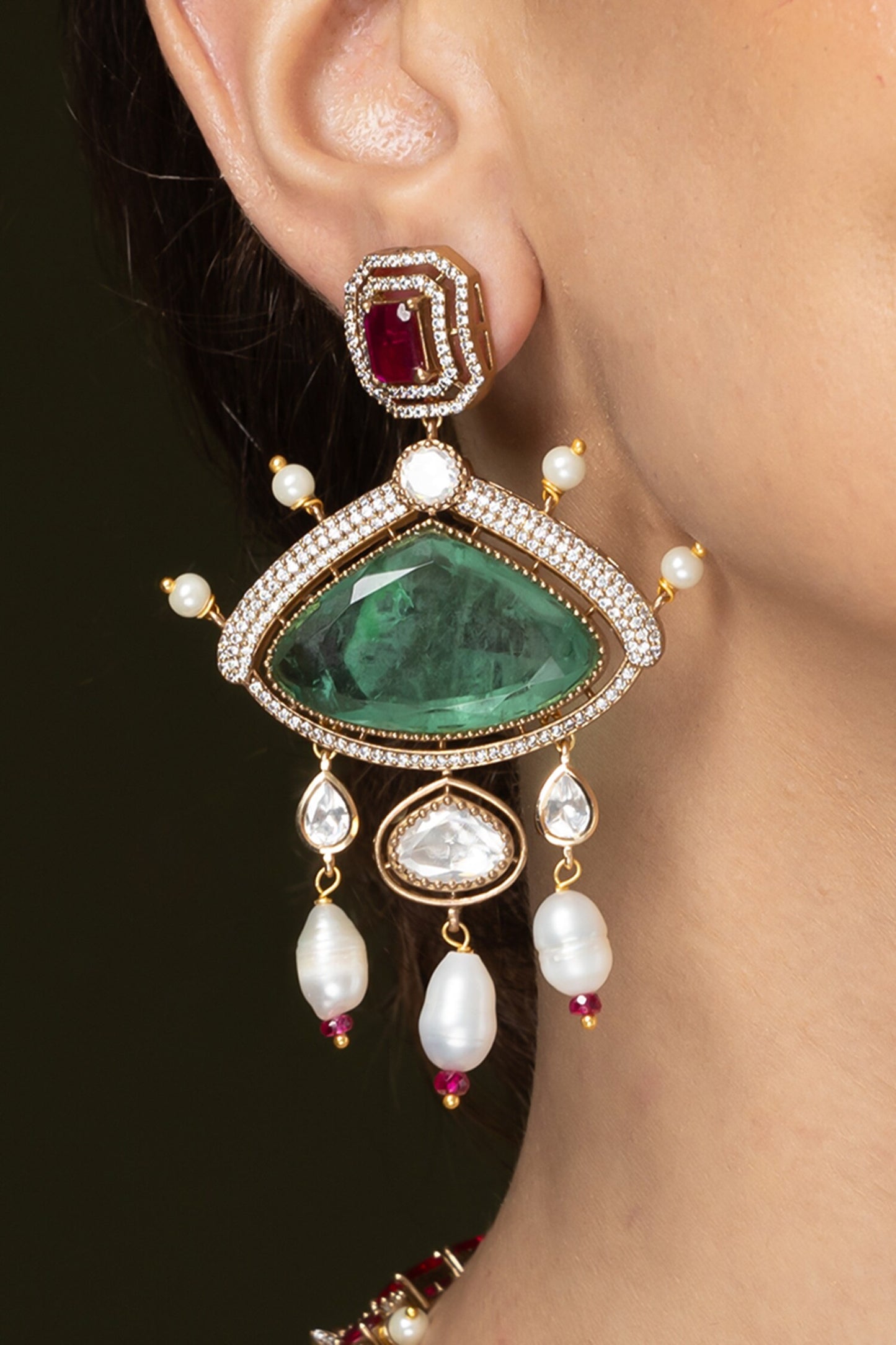 Emerald Ruby Embellished Pendant Necklace Set