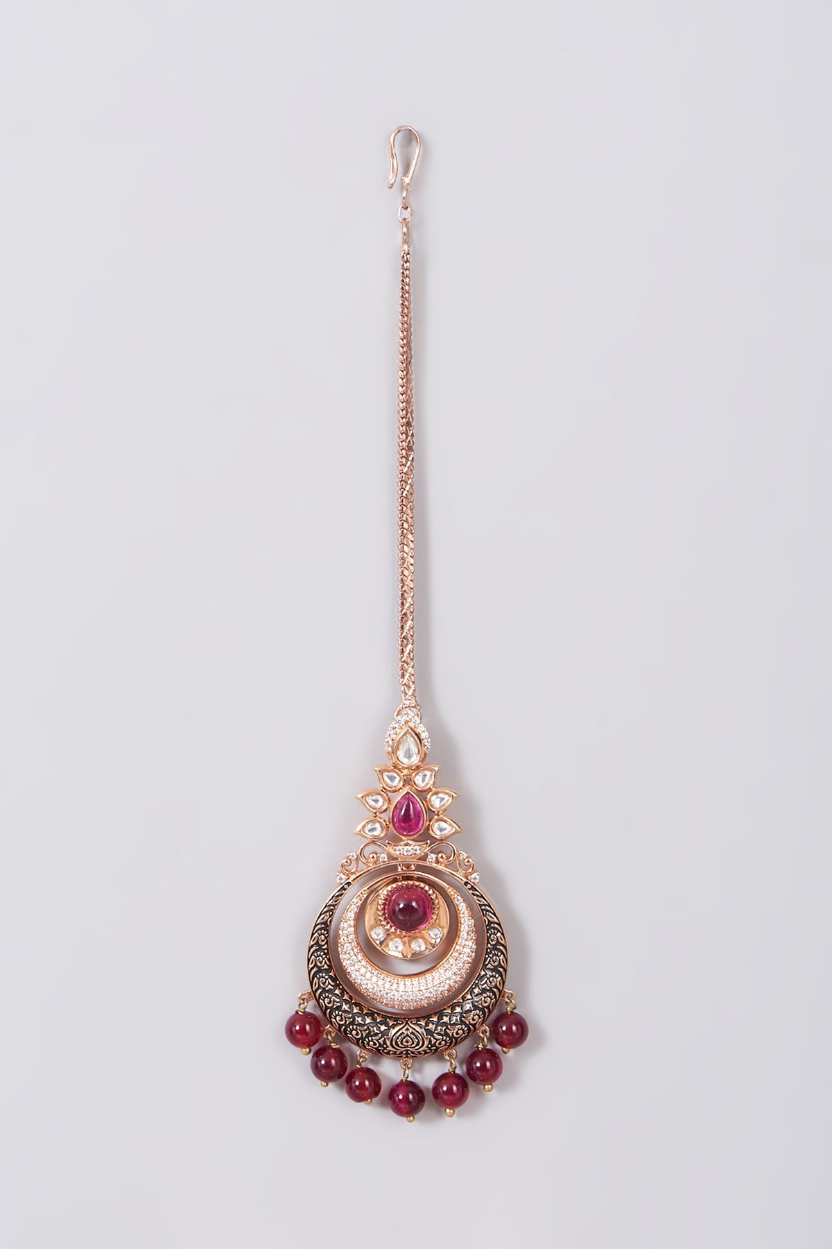 Rose Gold Finish Maang Tikka With Meenakari Work