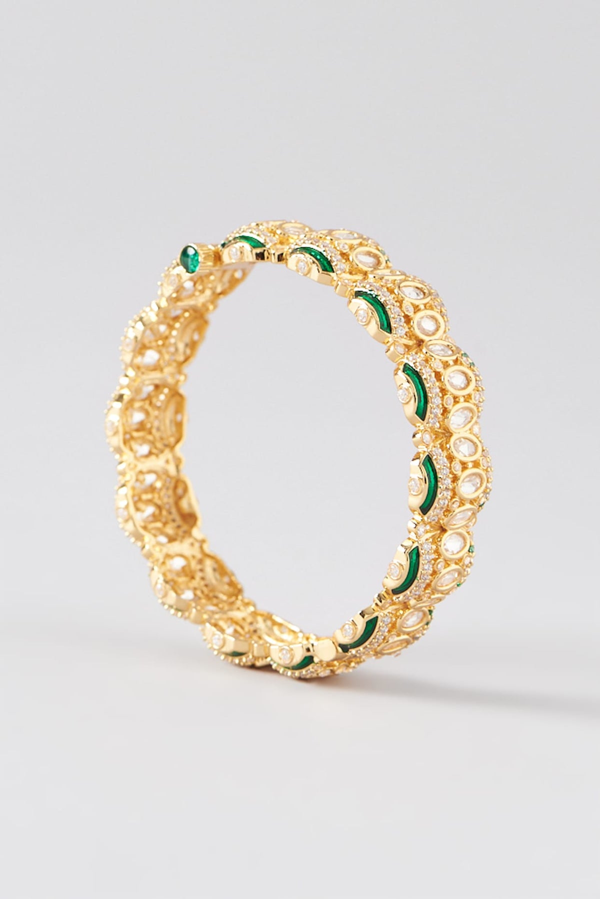 Gold Finish Green Kundan Polki Bangles (Set of 2)