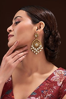 Gold Finish Kundan Polki & Pearl Dangler Earrings