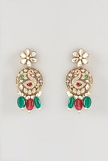 Gold Finish Green & Red Stone Long Necklace Set