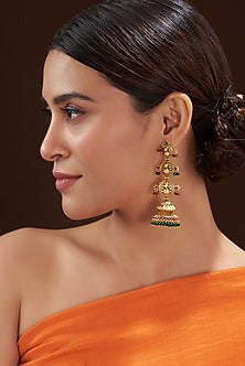 Gold Finish Green & Red Stone Jhumka Earrings