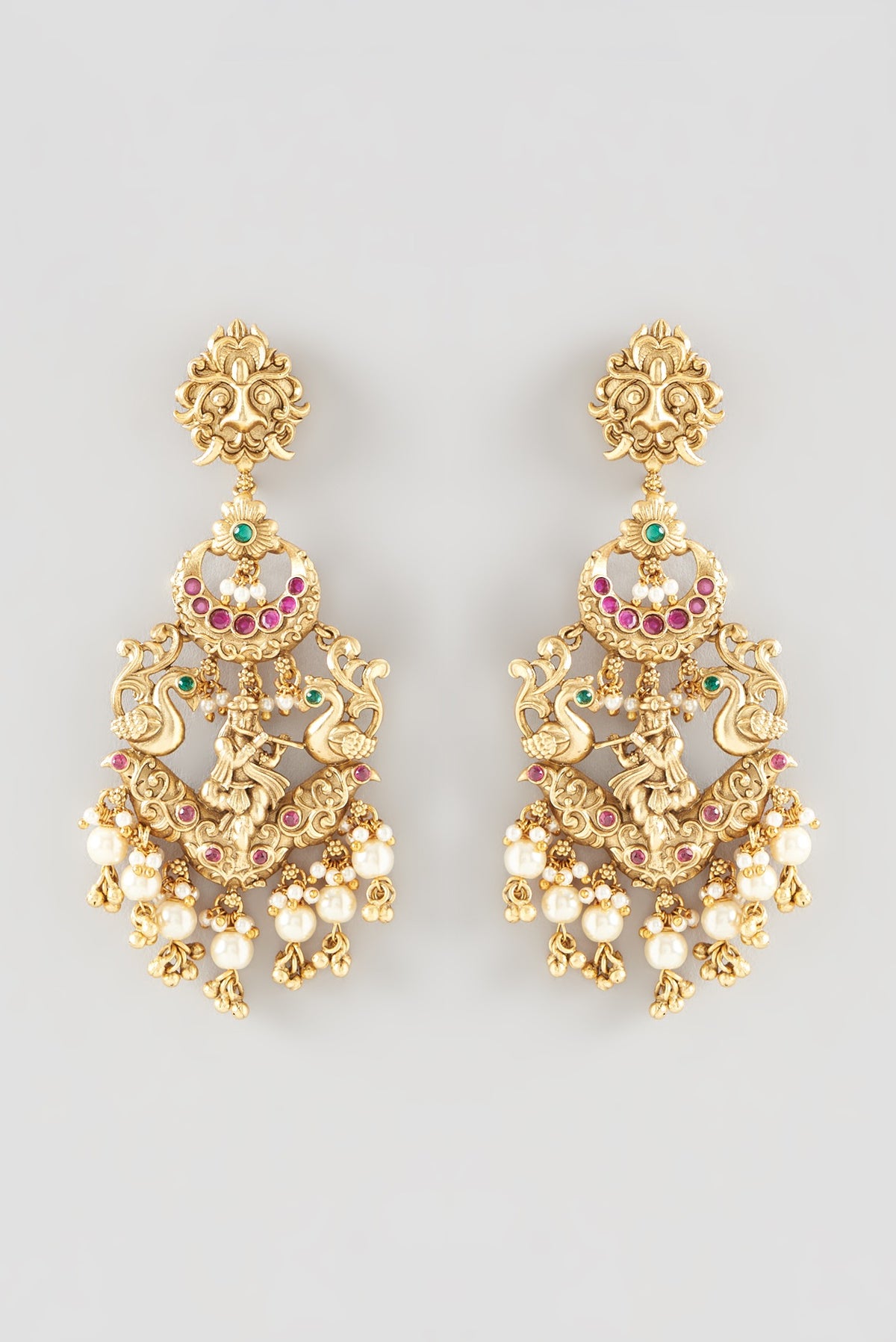 Gold Finish Green & Red Stone Dangler Earrings