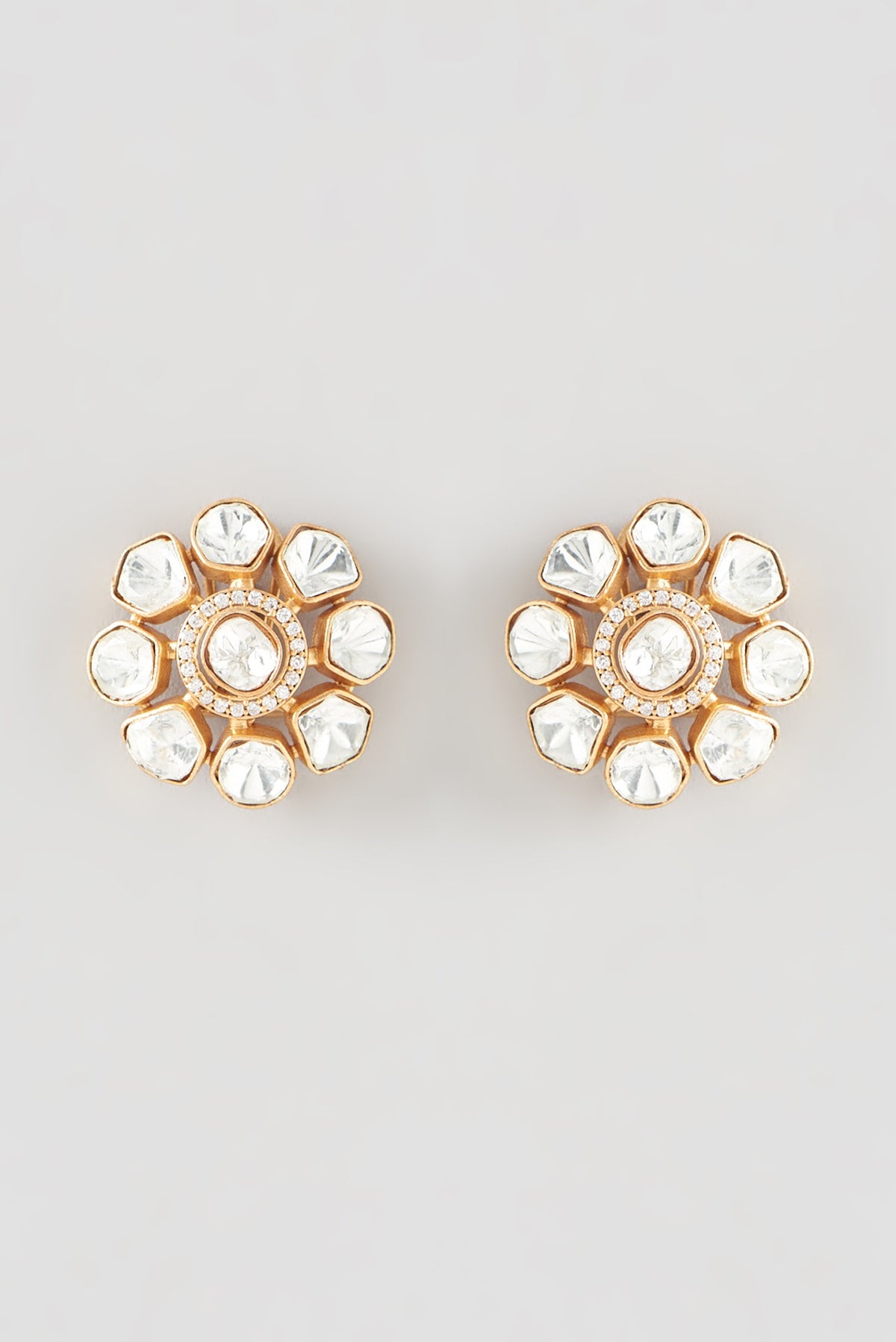 Gold Finish Kundan Polki & Pink Stone Stud Earrings