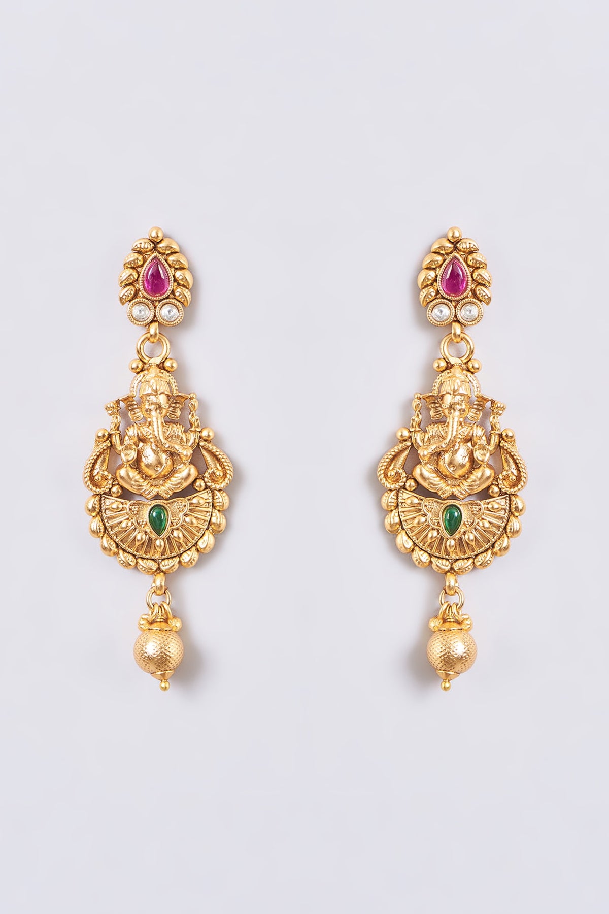 Gold Finish Kundan Polki & Multi-Colored Stone Temple Necklace Set