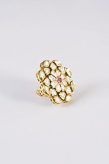 Gold Finish Kundan Polki & Red Stone Ring