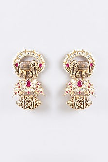 Gold Finish Kundan Polki & Multi-Colored Stone Temple Dangler Earrings