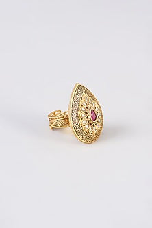 Gold Finish Kundan Polki & Red Stone Ring