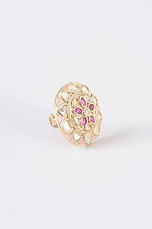 Gold Finish Kundan Polki & Red Synthetic Stone Enamelled Ring